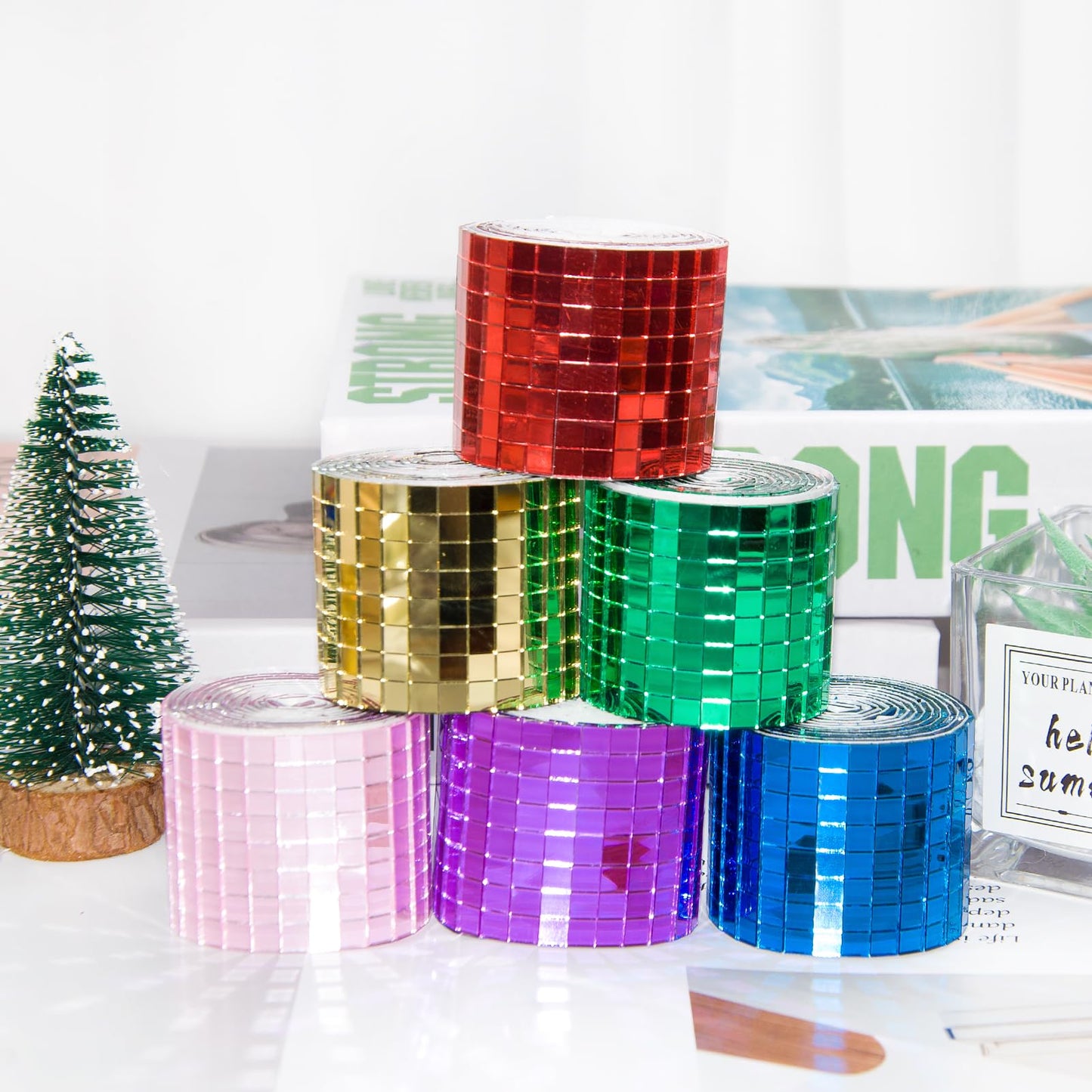 Green Self Adhesive Glass Mirror Mosaic Tiles, 2 Rolls 3200 Pieces Disco Ball Tiles for DIY Craft, Interior, Art Collage, Card Making, Cups 5 x 5 mm