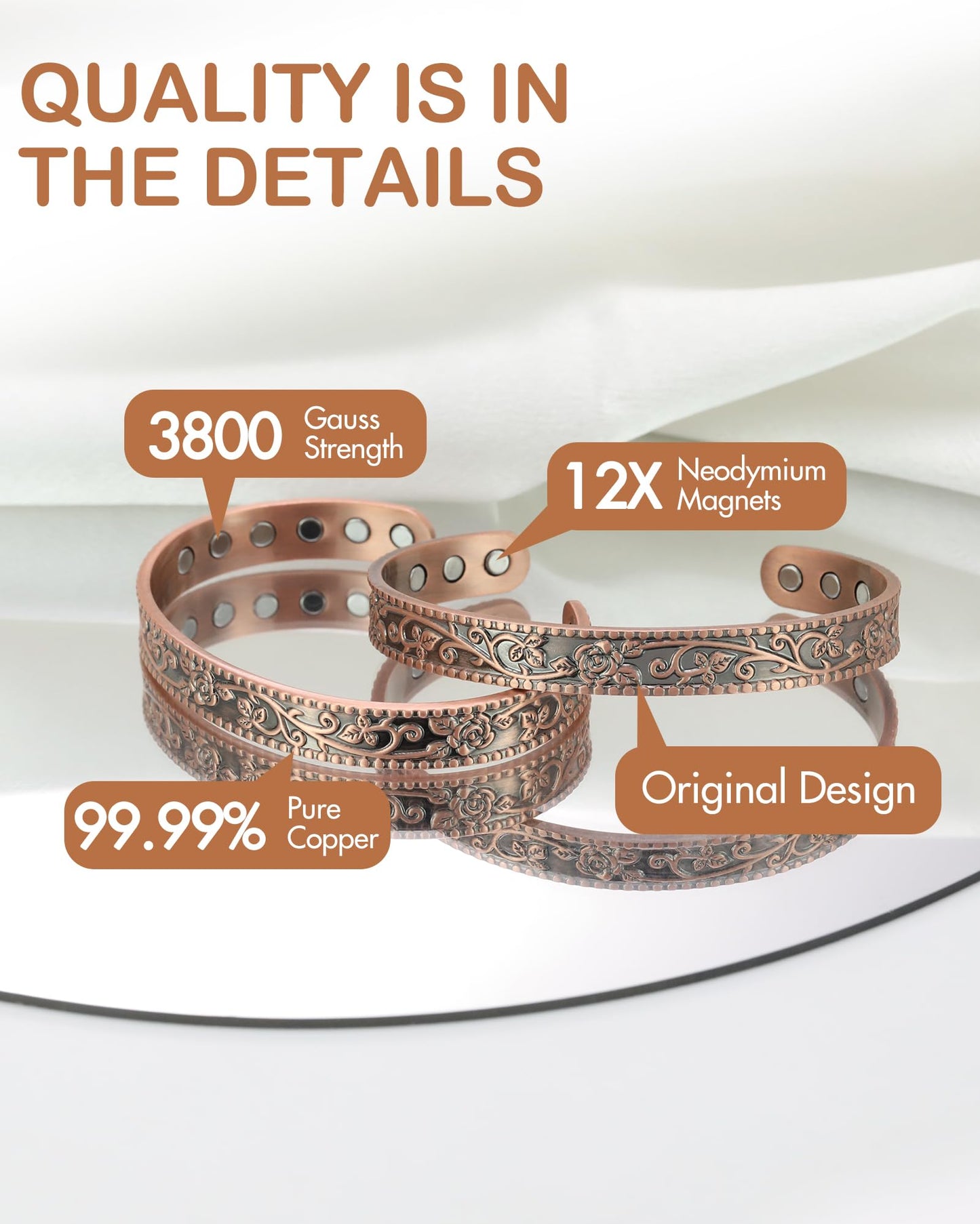 Feraco Pure Copper Bracelets for Women, 12X Enhanced Strength Magnetic Cuff Bangle for Women, 3800 Gauss Neodymium Magnets, Adjustable (Rosevine)