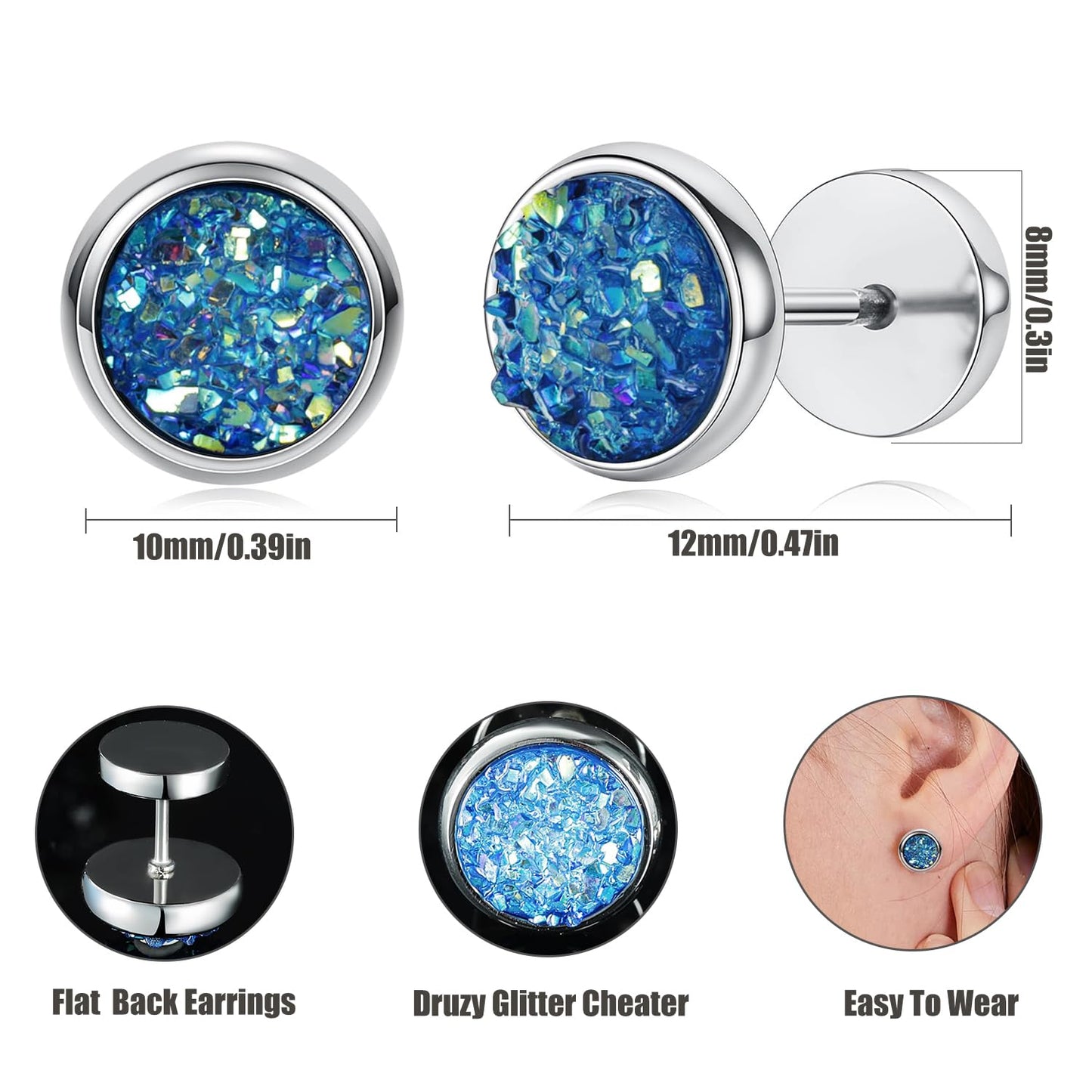 Women Men Flat Back Stud Earrings Non-Nickel Crystal Stone Earrings Titanium Stainless Steel Hypoallergenic Cartilage Earrings Stud for Sensitive Ears