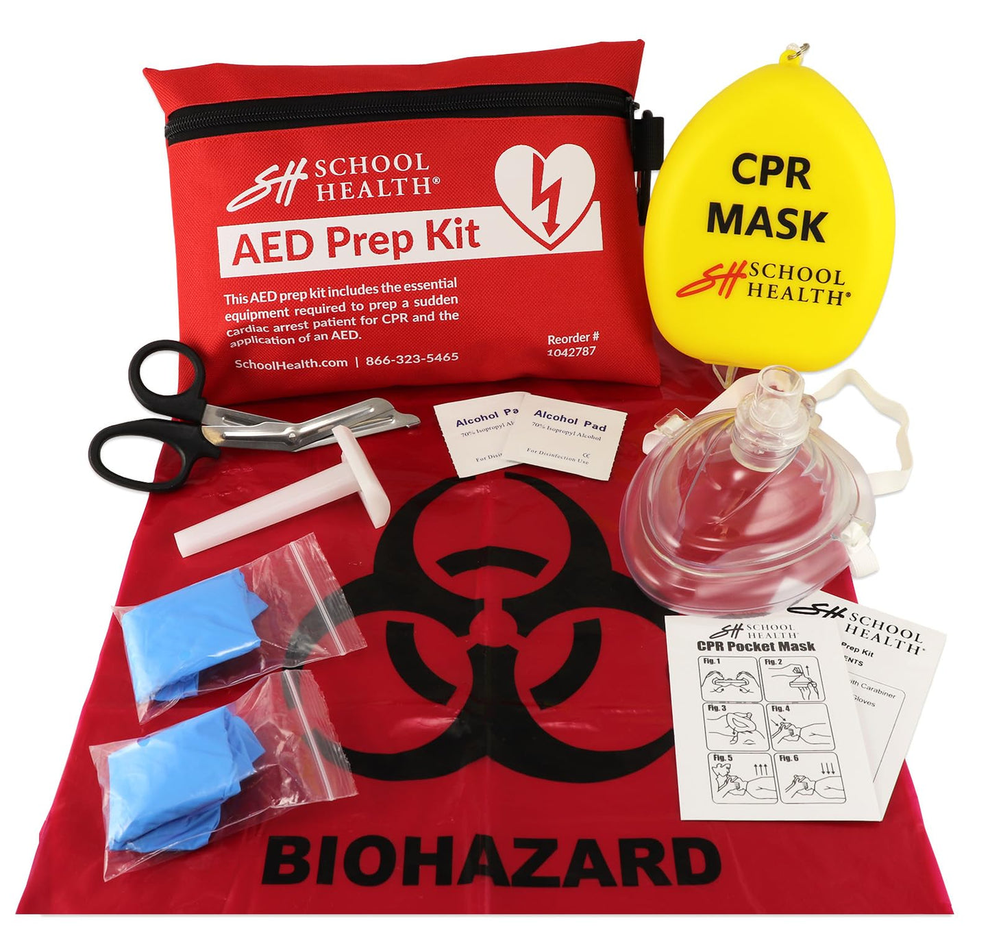 School Health - AED Prep Kit, Compact and Portable Prep Kit for Emergencies and Training, Gloves, Razor, Scissors, Gauze Pads, and Cleansing Wipes