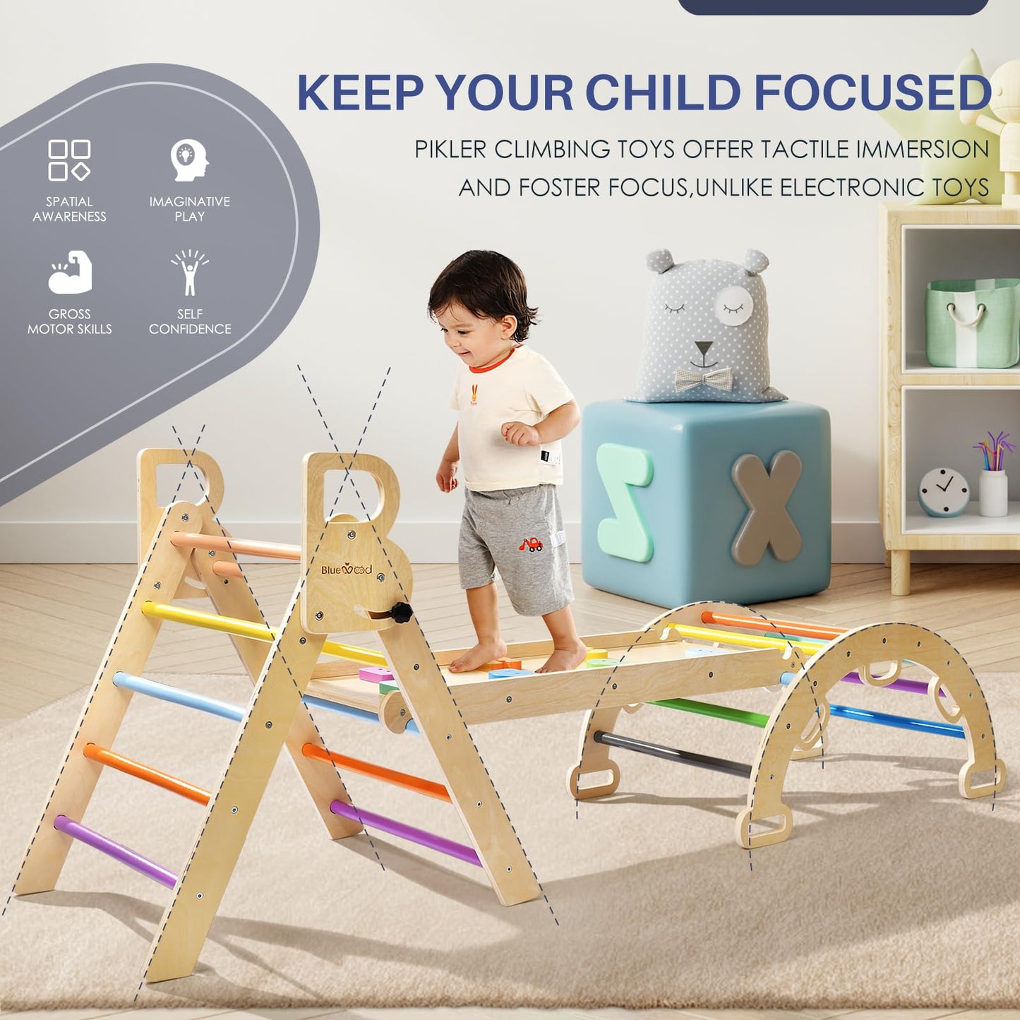 7-in-1 Foldable Wooden Toddler Climbing Toys, Foldable Wooden Playpen - Adjustable Wood Baby Play Yard with Child-Proof Lock