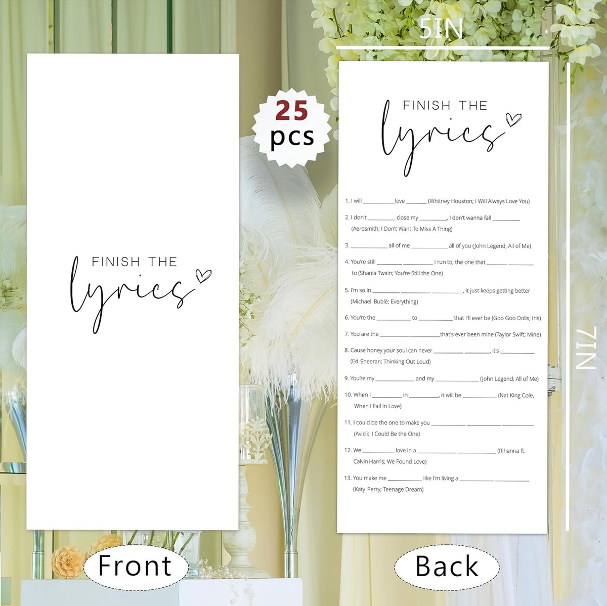 Bridal Shower Games, Finish the Lyrics, 25Pcs 4x9inch Minimalist White Double-Sided Bridal Game Cards with 1 Answer Key, Wedding Shower Games for Guests, Engagement Bachelorette Party Supplies - A09