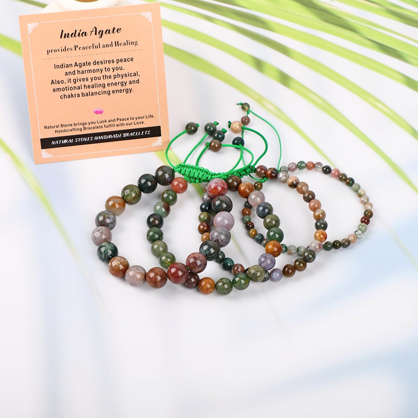 AD Beads 8mm India Agate - Peaceful - Handmade Natural Stone Crystal Bracelet with Adjustable Macrame String - Yoga Healing Power Energy Gifts for Men and Women