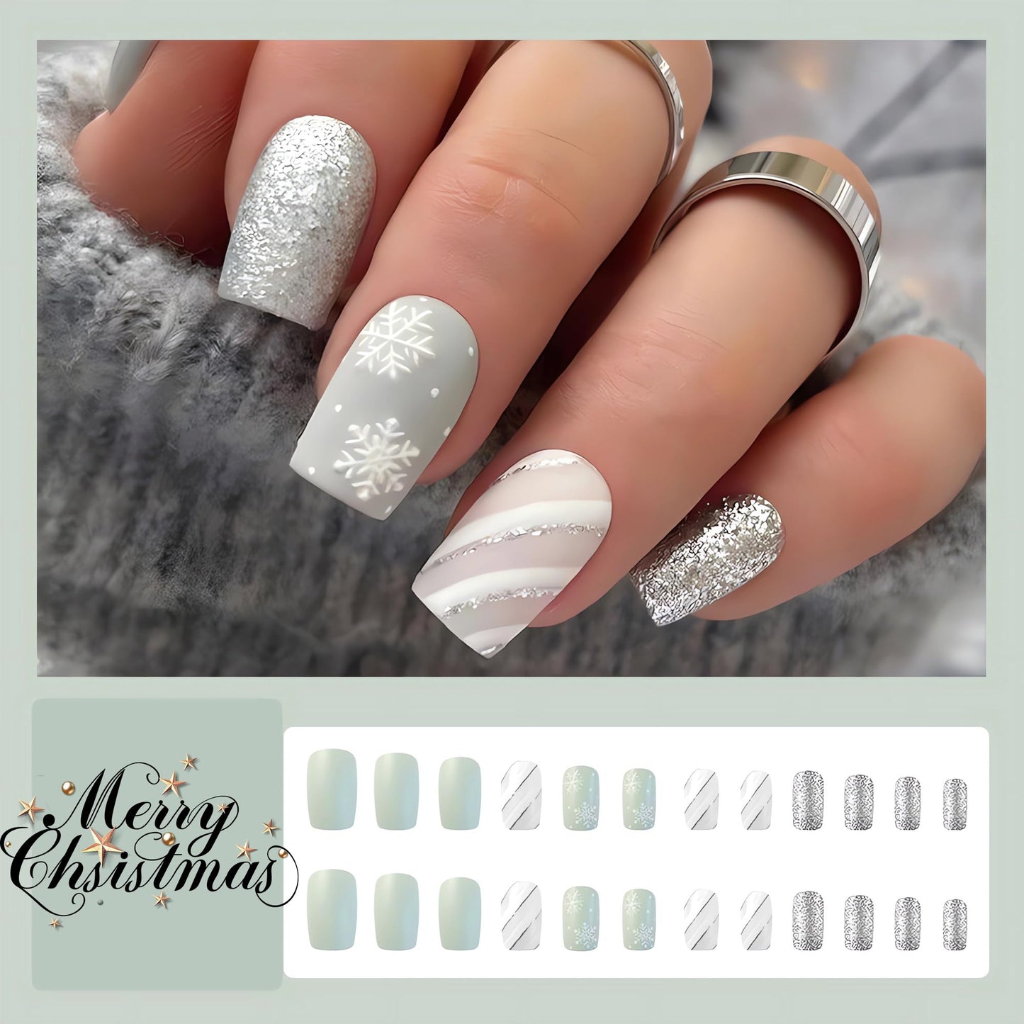 IMSOHOT Press on Nails Square Medium Fake Nails Green Glitter Full Cover Acrylic False Nails Glossy Glue on Nails with White Snowflake Designs 24Pcs