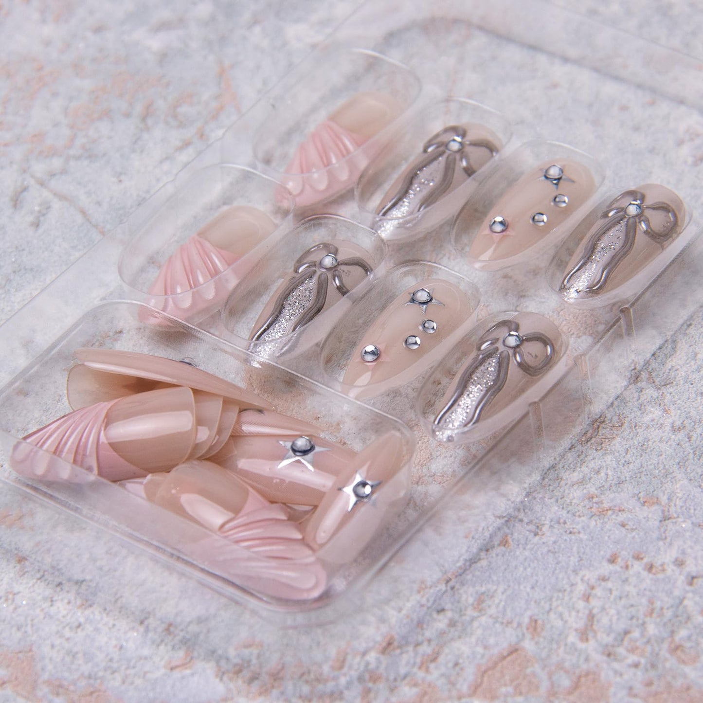Almond Press on Nails Medium Fake Nails French Tip False Nails 3D Soft Gel Bow Star Stick on Nails Glossy Artificial Nail Press ons with Rhinestone Designs Glue on Nail for Women 24Pcs