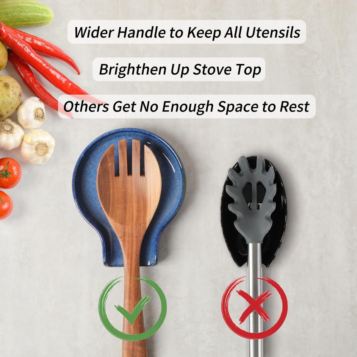 Spoon Rest - HAPPY KIT Blue Spoon Rest for Stove Top for Cooking Spoons Spatula Kitchen Decor Ceramic Spoon Holder for Kitchen Counter with Gift Box Ready