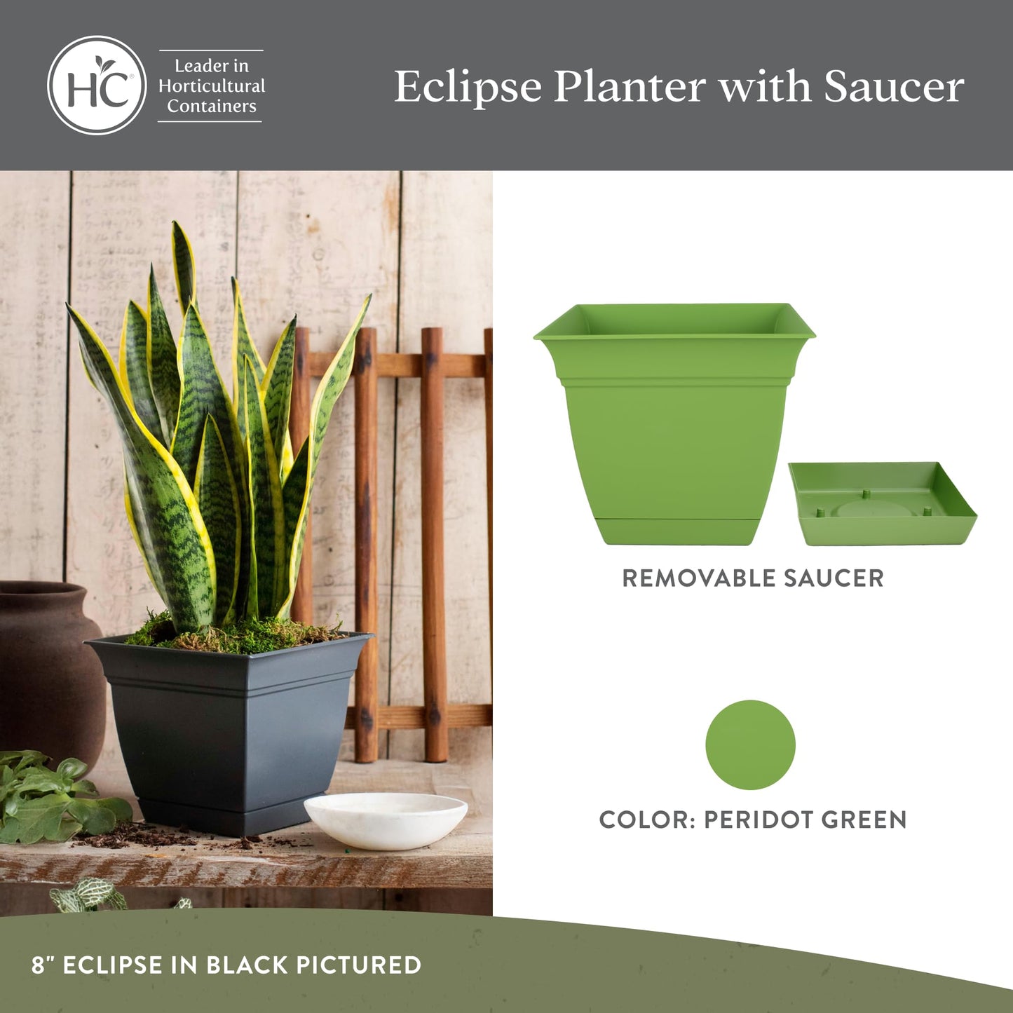 The HC Companies Eclipse Square Plastic Planter w/Attached Saucer - Outdoor & Indoor Plant Pot with Drainage Holes - Lightweight, UV-Resistant Plastic Pots for Plants (6" Peridot Green, Pack of 1)