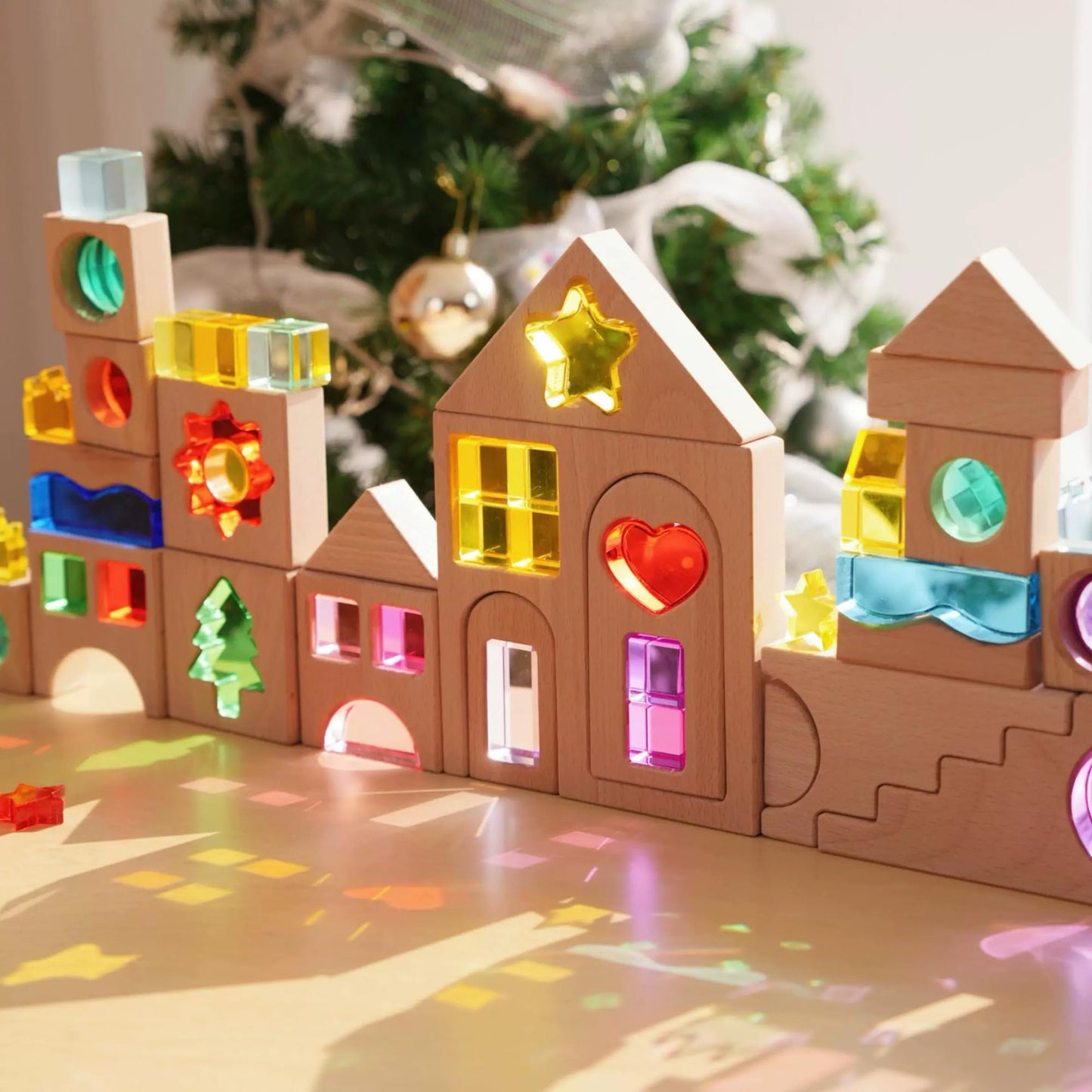 KOAICS 45PCS Wooden Acrylic Building Blocks Set with Tray, Include Colorful Acrylic Shapes Stars,Sun,Clouds, Trees, Heart, Educational Construction Toy for Kids (Farm House)
