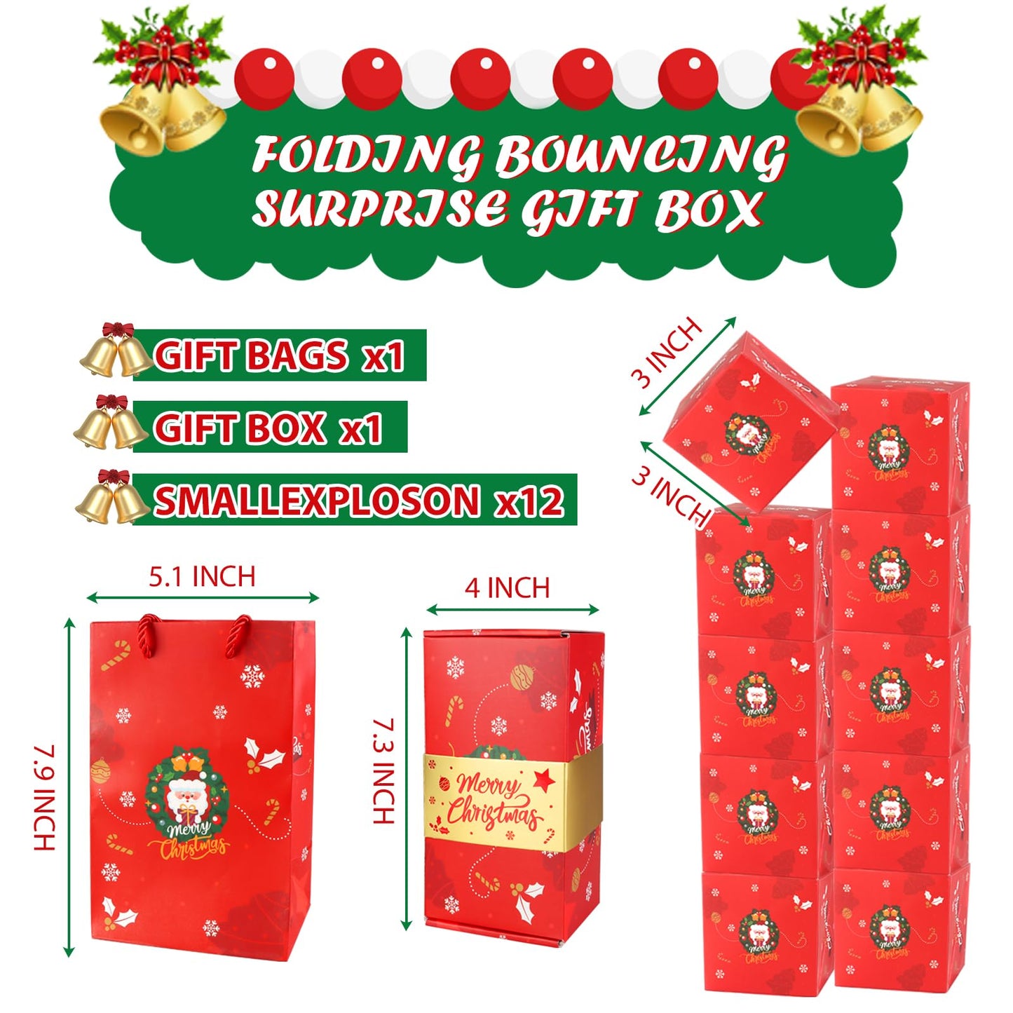CSMGY Surprise Box Gift for Money, Christmas Surprise Gift Box Explosion, Folding Bouncing Gift Box for Christmas Birthday Anniversary, 12 Bounces Boxes (Red)