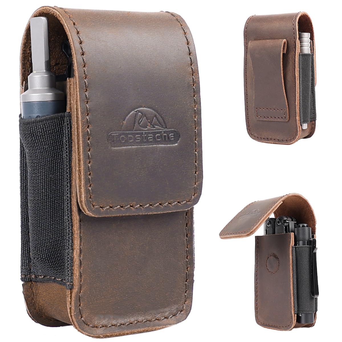 Topstache Leather Multitool Sheath for Belt - EDC Belt Organizer for Leatherman, Gerber - Magnetic Closure Multitool Holster Pouch Fits Folding Tool - Leather Multi Tool Case, M, Darkbrown