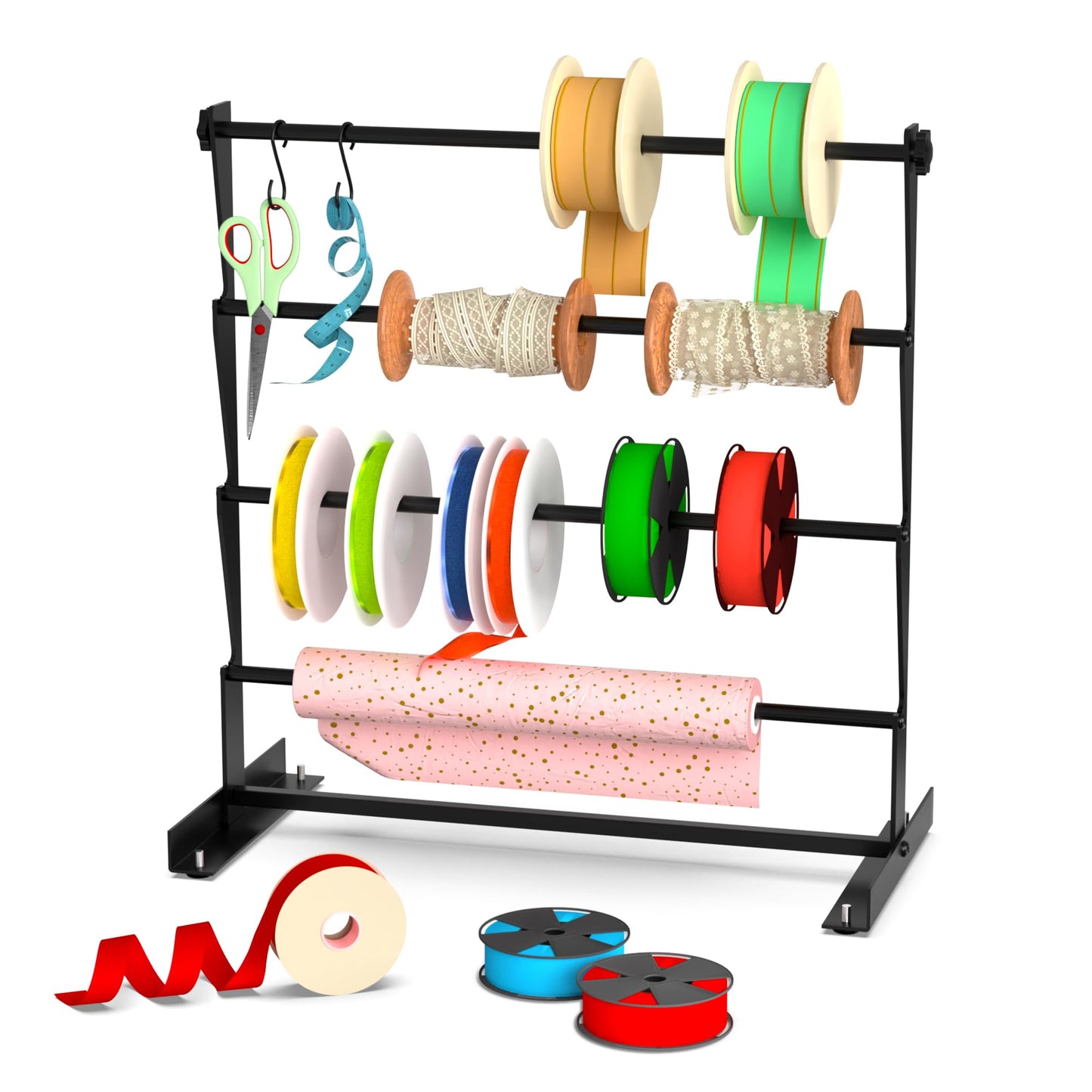 Alyoen Ribbon Organizer, Metal Ribbon Holder Storage Rack with Activity Hooks, Ribbon Spool Holder for Craft Room Sewing Thread Mesh Ribbon Wreath Washi Tape, Florist Arts Wrapping Gift
