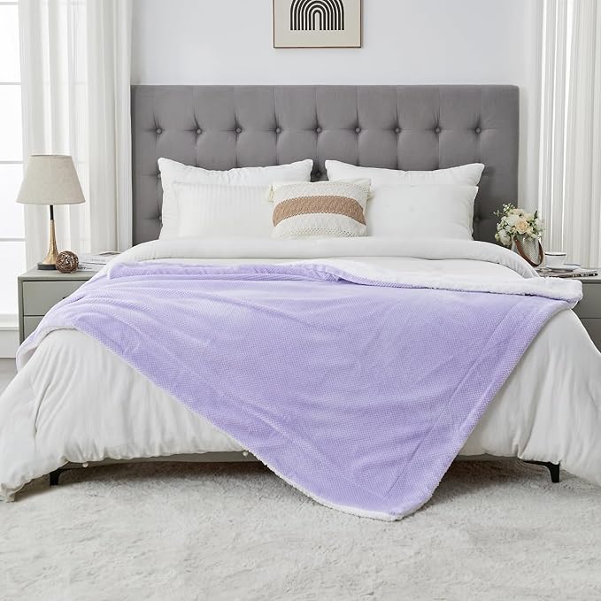 SOCHOW Waffle Sherpa Fleece Throw Blanket, Super Soft Fuzzy Warm, Lightweight Fluffy Reversible Plush Blanket for Bed Sofa Couch, 50 x 60 Inches Lilac