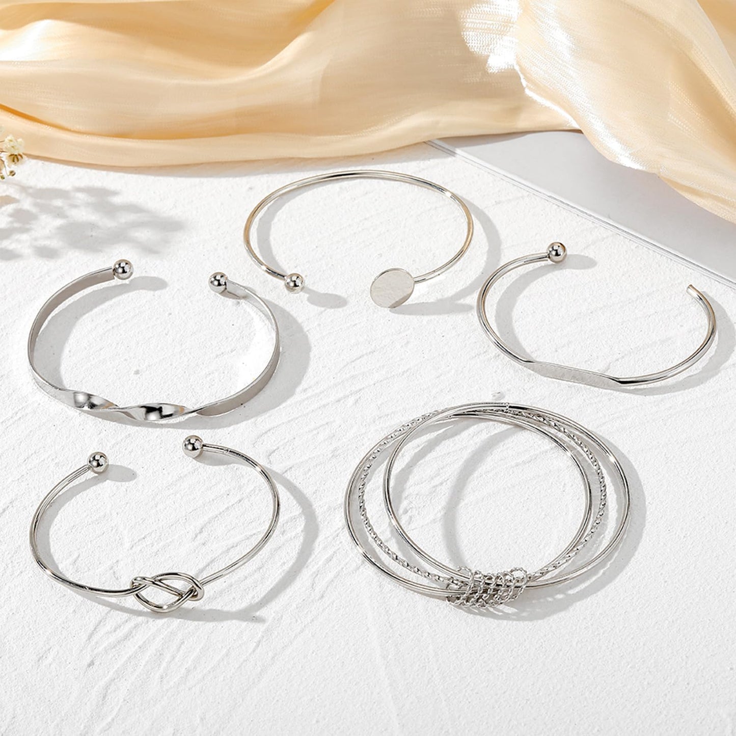 IFKM Silver Bangles Bracelets For Women, Silver Plated Multi Layer Stackable Cuff Bracelet Set, Trendy Elegance Charms Non Tarnish Minimalist Textured Boho Jewelry Gift for Women