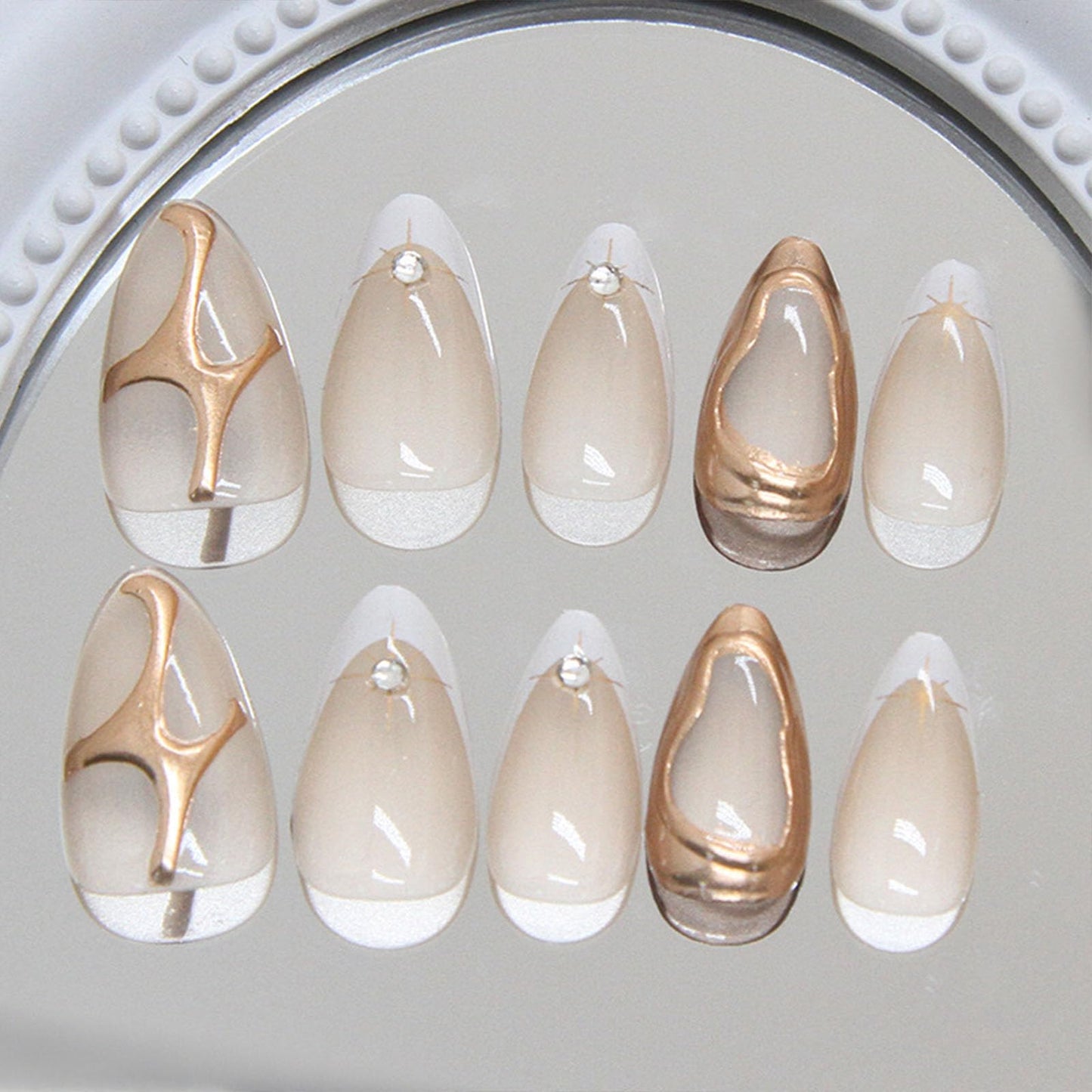 IMSOHOT French Tip Press on Nails Medium Almond Fake Nails Nude White False Nails with 3D Gold Chrome Design Glossy Acrylic Glue on Nails