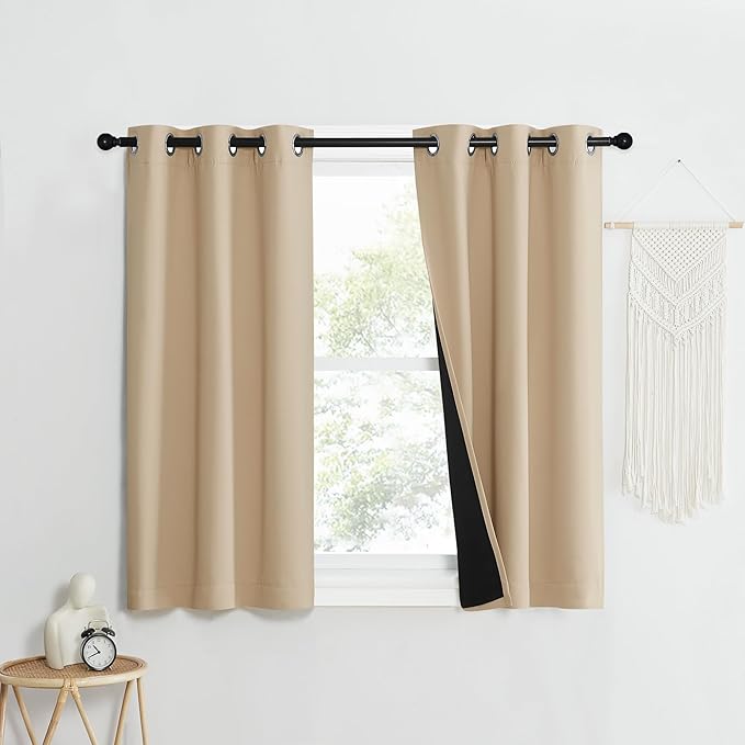 NICETOWN Bedroom Full Blackout Curtain Panels, Set of 2 Pcs, 37 by 40-inch, Biscotti Beige, Super Thick Insulated Grommet Drapes, Double-Layer Blackout Draperies with Black Liner for Small Window
