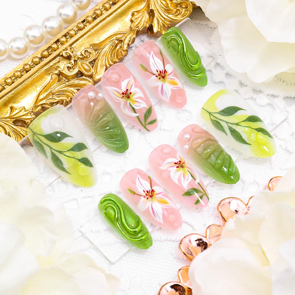 30Pcs Green Press on Nails Medium Almond Fake Nails with 3D Pearl Rhinestones Designs Spring Summer Acrylic Glue on Nails Lily Flower False Nails Gradient Green Full Cover Leaf Stick on Nail for Women