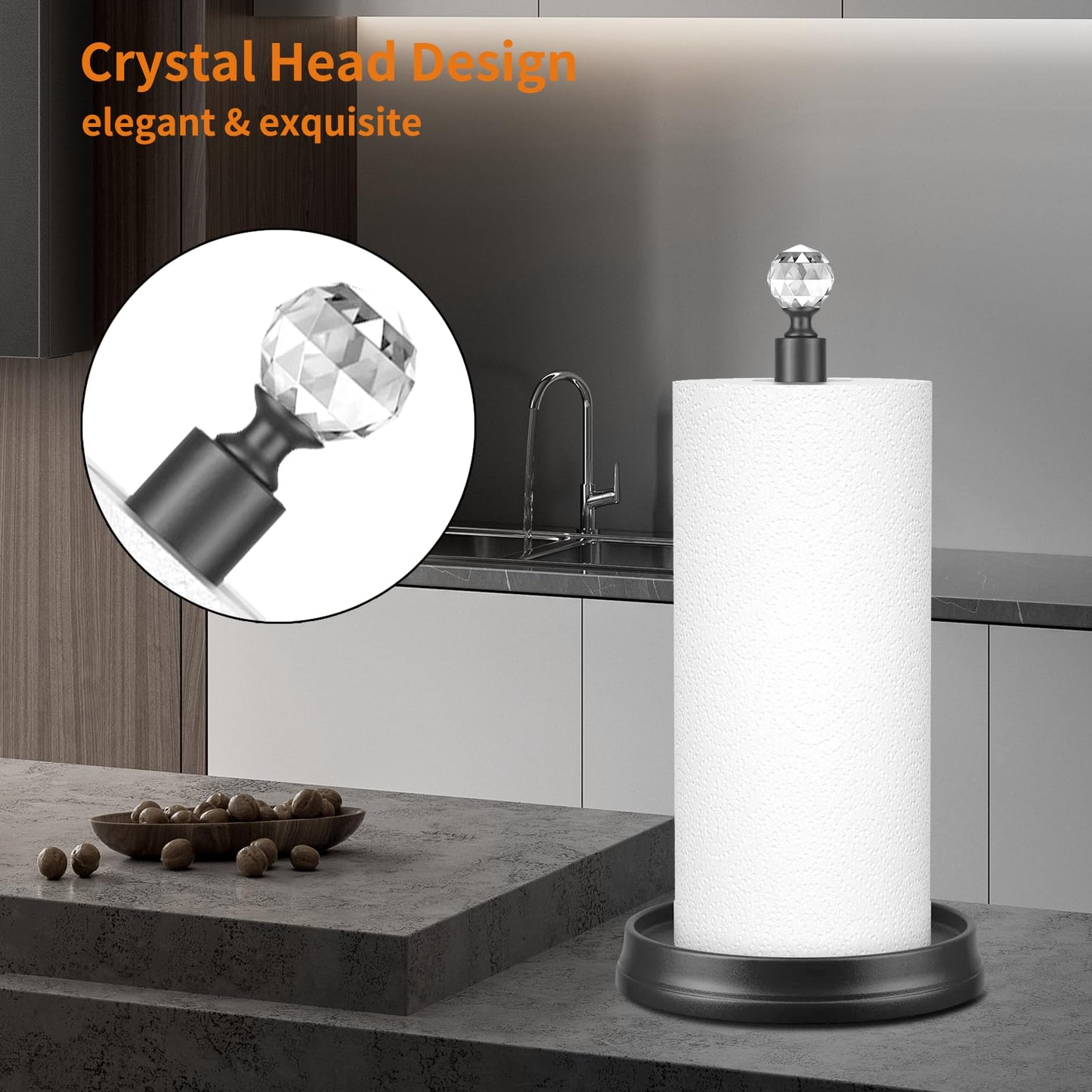 KASUNTO Crystal Head Paper Towel Holder - Steel Countertop Stand for Kitchen, Bars & Dining Tables - Fits Standard & Jumbo Rolls - Matte Black