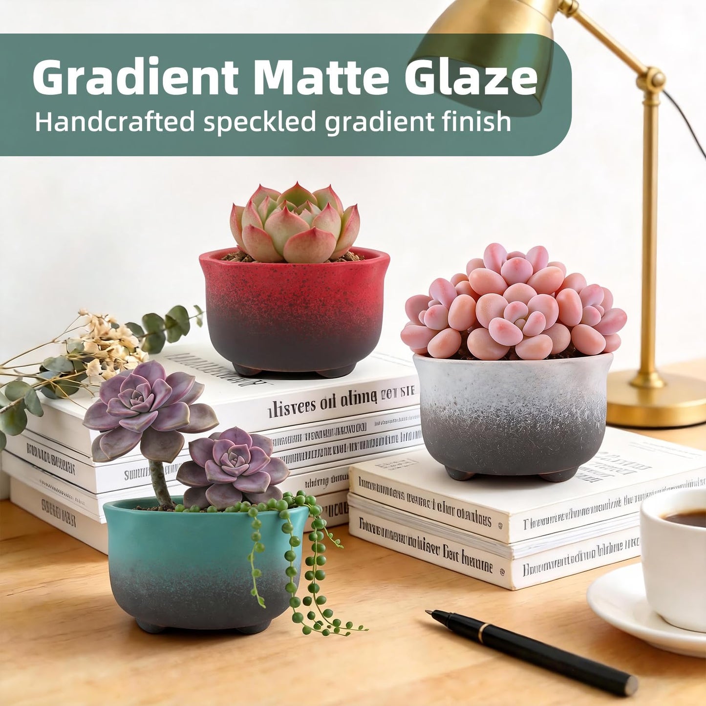 ginojex Small Ceramic Garden Pots Succulent Plant Planter Container with Drainage Set of 5 for Home Office Decor