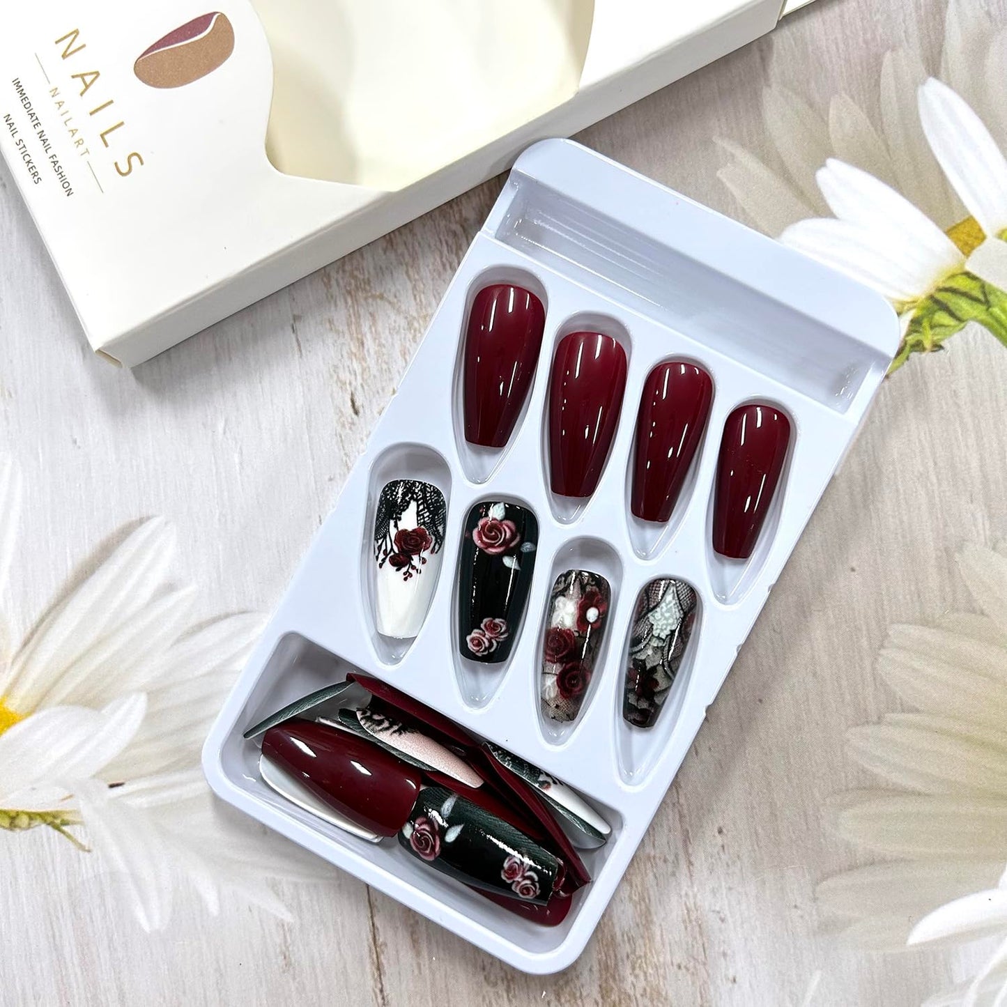 CJDLTS Press on Nails Medium Length Red Rose Flower False Nails Black Lace Pattern Design Full Cover Heart Press Nails Artificial Ballet Shaped Stick on Nails Glossy Acrylic Glue on Nails for Women