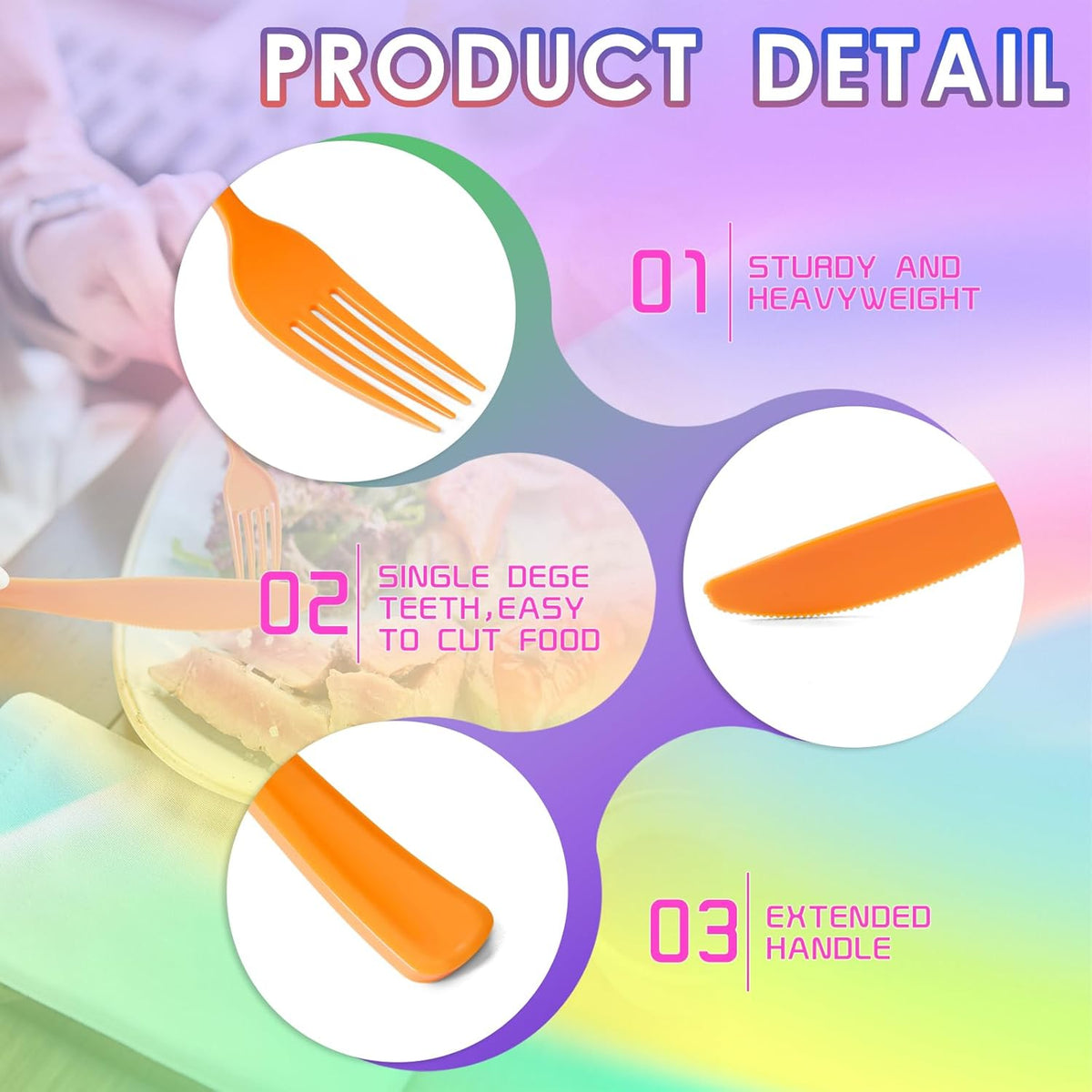 300 Pack Neon Party Disposable Plastic Silverware Heavy Duty, Plastic Cutlery Set, Forks and Spoons Knives Set for Birthday Party Prom Night, Weddings（Orange,Green, Hot Pink, Yellow Colors）
