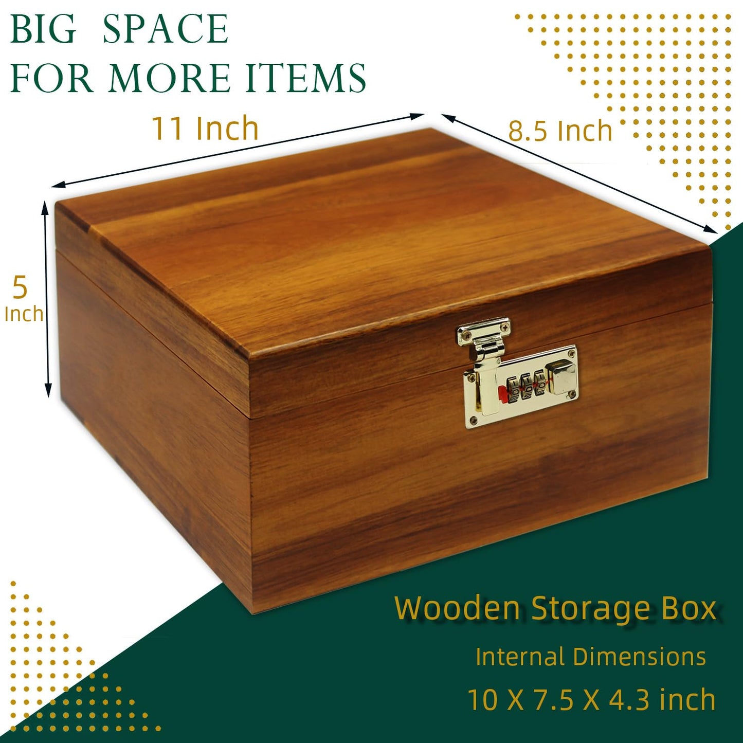 MFLUEEWR Large Wooden Box with Hinged Lid with Combination Lock,Wood Storage Box Decorative Lockable Chest for Keepsakes, Valuables, Accessories, Treasured Items(Code No Grid)