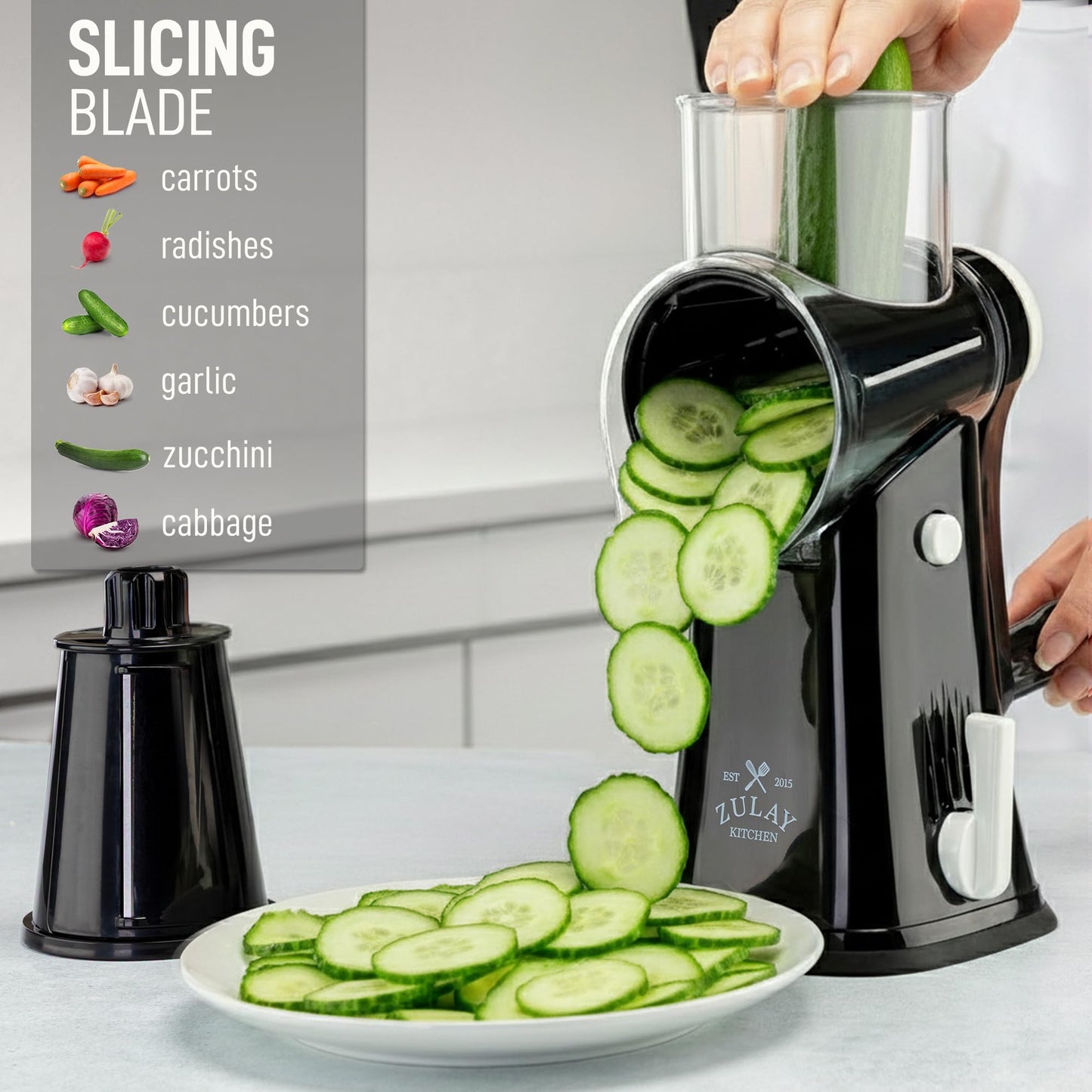 Zulay Kitchen Rotary Cheese Grater 5 Blade Cheese Shredder - Manual Hand Crank Cheese Grater With Reinforced Suction & 5 Interchangeable Drums - Easy to Use, Vegetable Chopper Round Mandoline Slicer