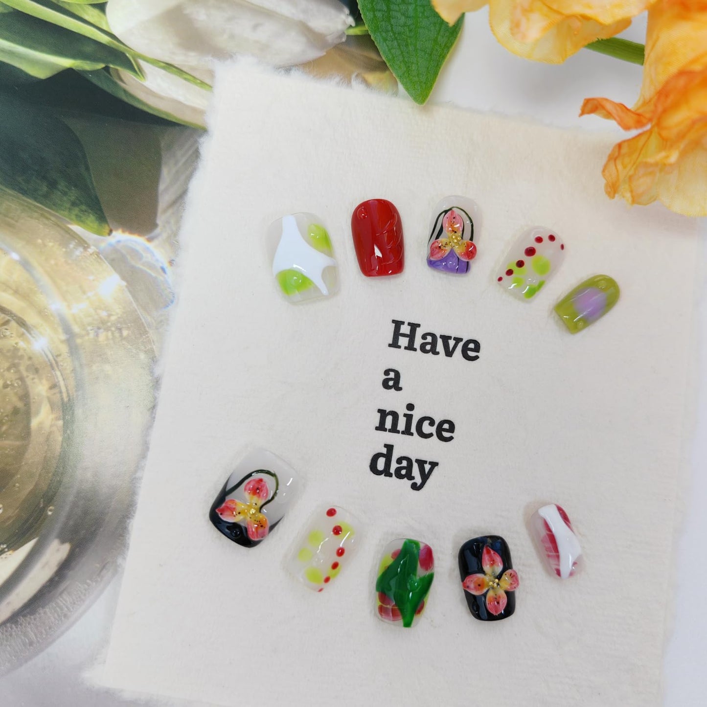 Short Square Press on Nails 3D Flower False Nails with Designs, Glitter Fake Nails Handmade Reusable Manicure Kit (Multicolor#Small)