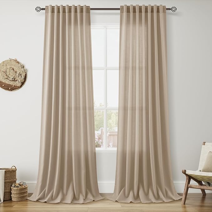 Nanspring Sepia Beige Linen Curtains 96 Inches Long for Living Room Rustic Farmhouse Decor Light Filtering Semi Sheer Curtain Back Tab Neutral Modern Luxury Drapes for Bedroom Office 52x96, 2 Panels