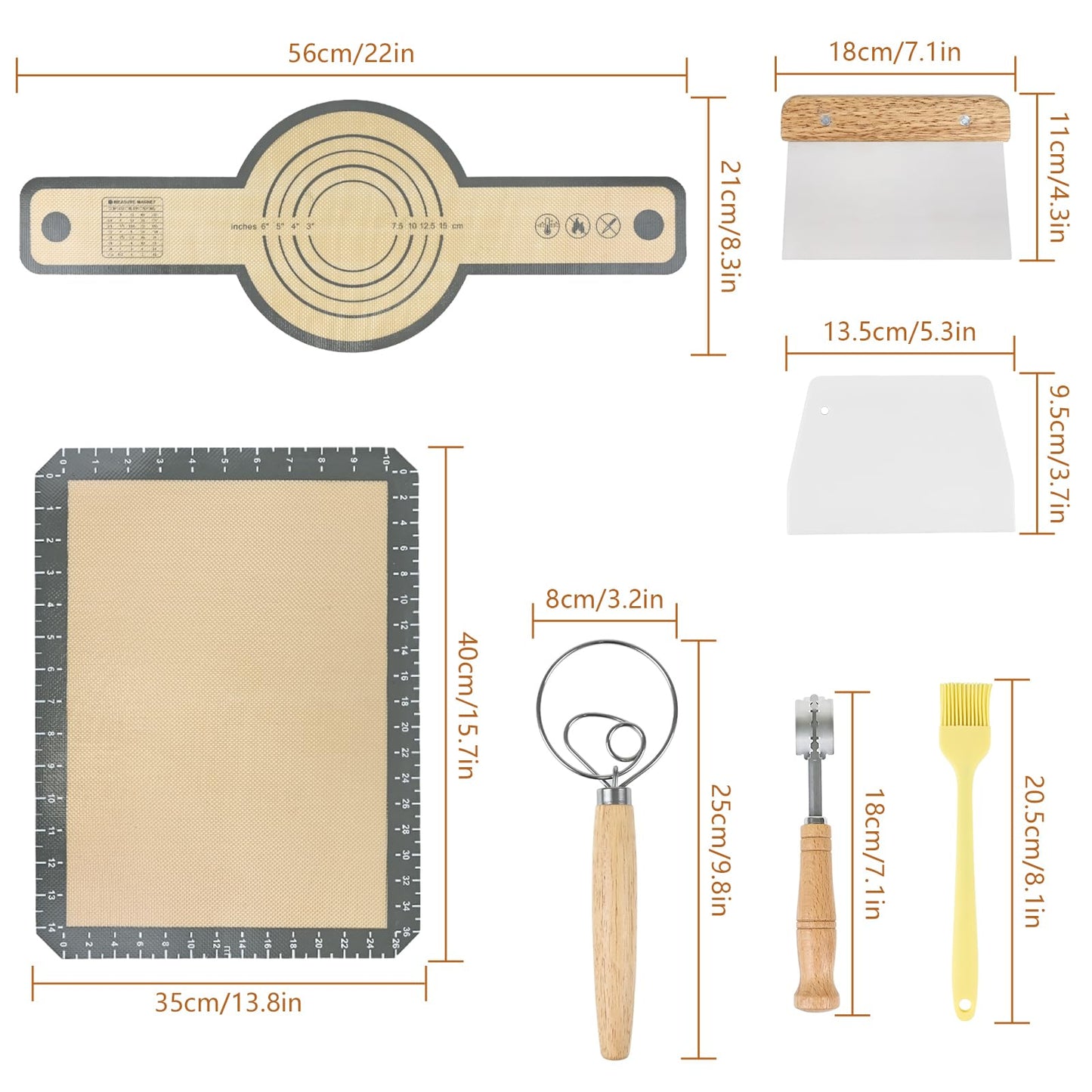 Bread Making Tools Set of 7, Including Silicone Pastry Mat, Round Baking Mat, Sourdough Danish Dough Whisk, Bread Lame Dough Scoring, Bread Scraper Dough Cutter, Perfect Gifts for Baker