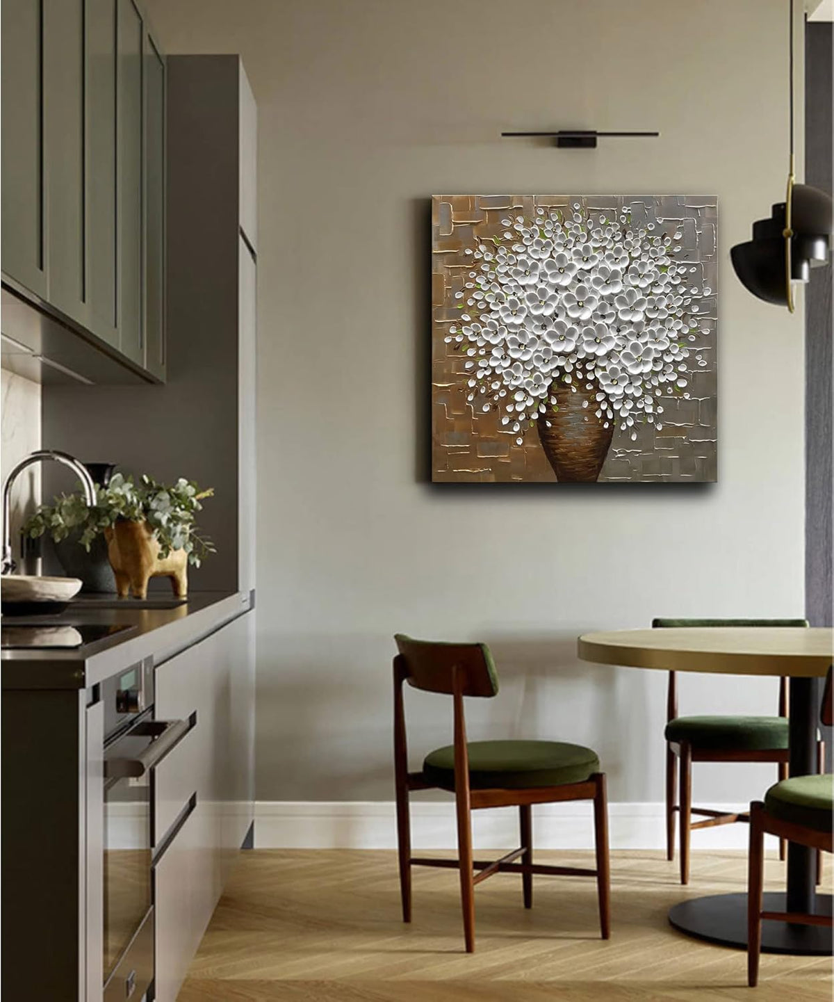 Epicler Hand Painted 3D Oil Painting on Canvas 24x24 inch White Flower Art,Morden Canvas Wall Paintings, Metal Textured Gold and Silver Background White Flower Artwork