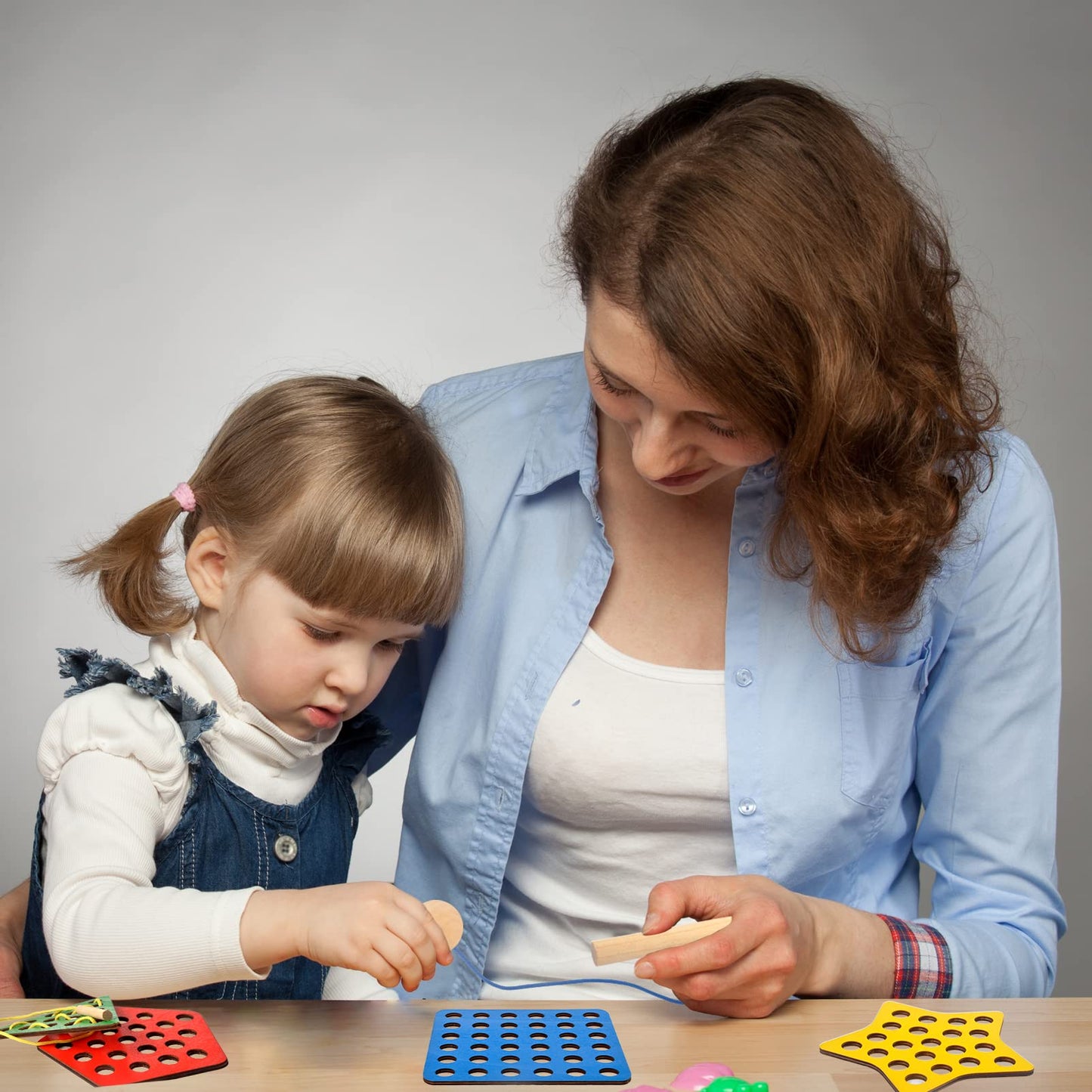 6 Pcs Lacing Toy Toddlers, Geometric Wooden Threading Toys, Educational and Learning Montessori Activity Baby and Kids, Fine Motor Skill Toys