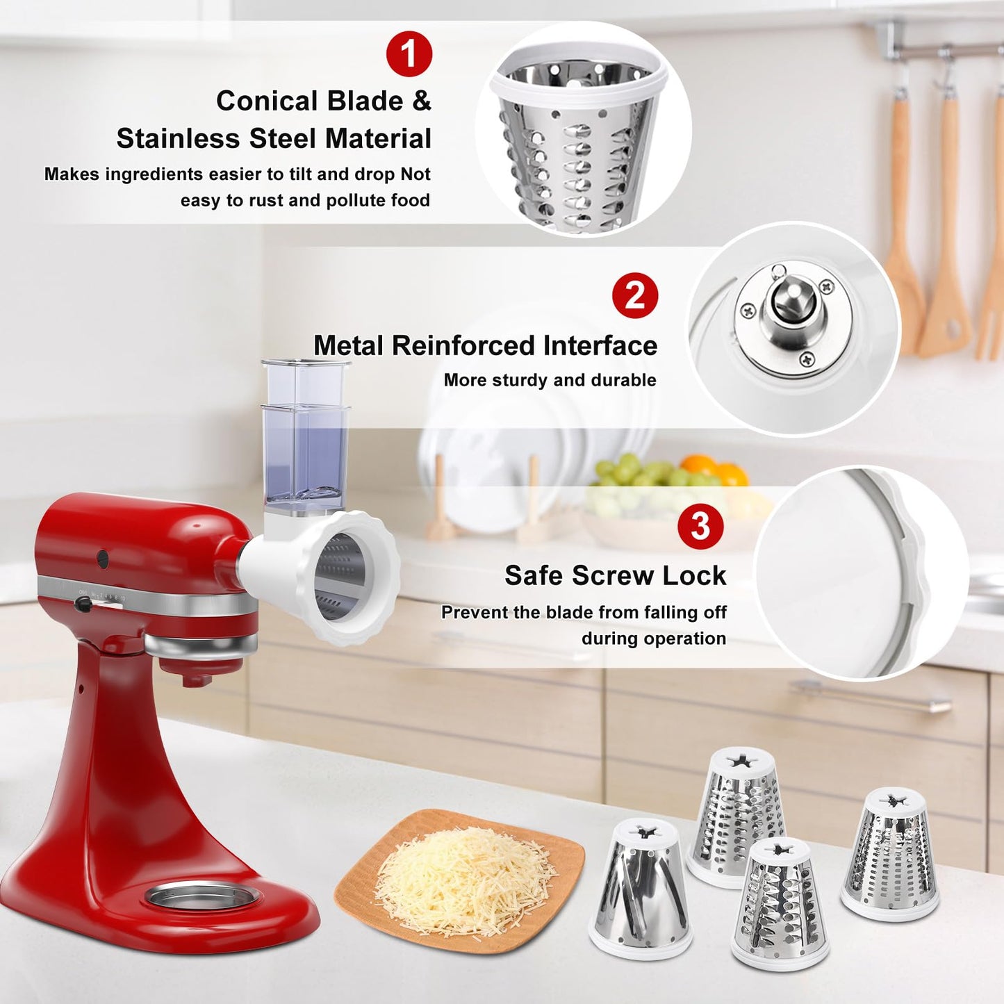 Upgraded Version - Cheese Grater Slicer Shredder Attachments for All KitchenAid Stand Mixers, Food Slicers Salad Maker Accessory Vegetable Chopper with 4 Blades Dishwasher Safe