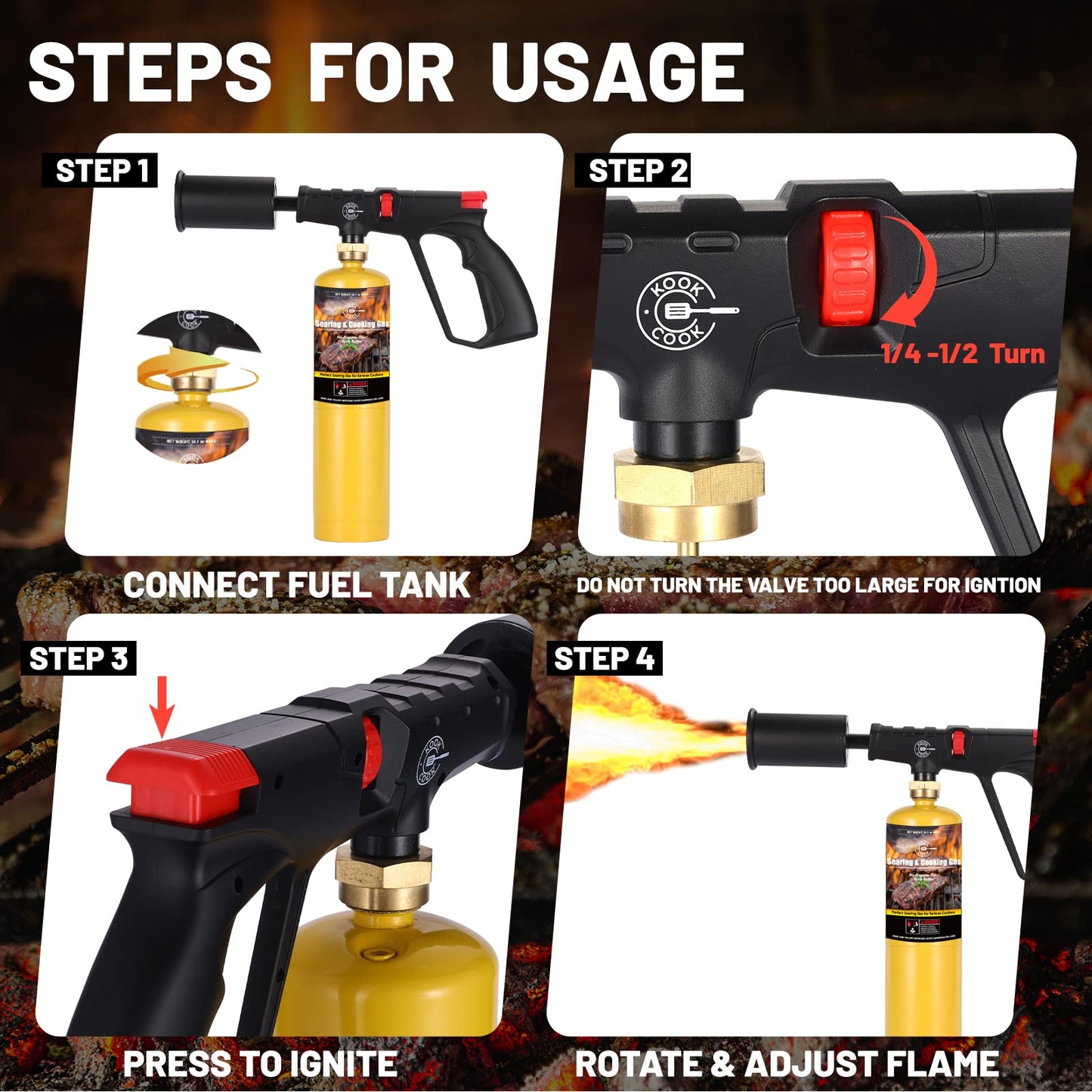 Propane Cooking Torch Head Food Grill Torch Gun Charcoal Wood Grills Lighter Campfire Starter Camp Chef Blow Torch for Cooking Sous Vide Flame Thrower Kitchen Blowtorch BBQ Searing Steak Flamethrower