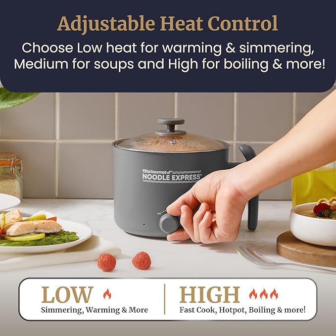 Elite Gourmet NOODLE EXPRESS™ Hot Pot, Prepare Ramen, Rice, Soups, Stews, Boil Water, Stainless-Steel Interior, Glass Lid, High/Low/Off Settings, Grey