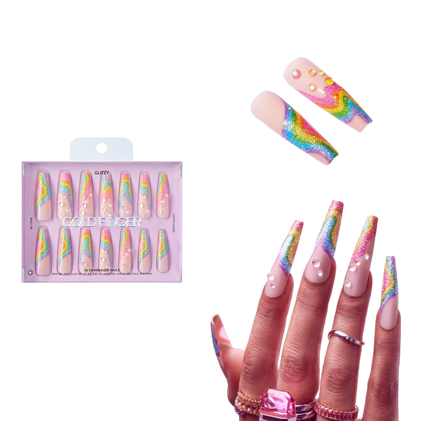 Glitzy 3D Handmade Press On Nail Kit, Rhinestone Gem Glitter French Tip 3X-Long Coffin False Nail, Reusable & Lasts Up To 2 Weeks, Seamless Snug Fit Technology, Includes Glue & 28Pcs Manicure Set