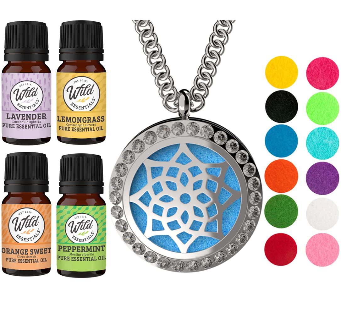 Wild Essentials CZ Flower Necklace Essential Oil Diffuser Kit with Lavender, Lemongrass, Peppermint, Orange Oils, 12 Refill Pads, Calming Aromatherapy Gift Set, Customizable Color Changing, Perfume