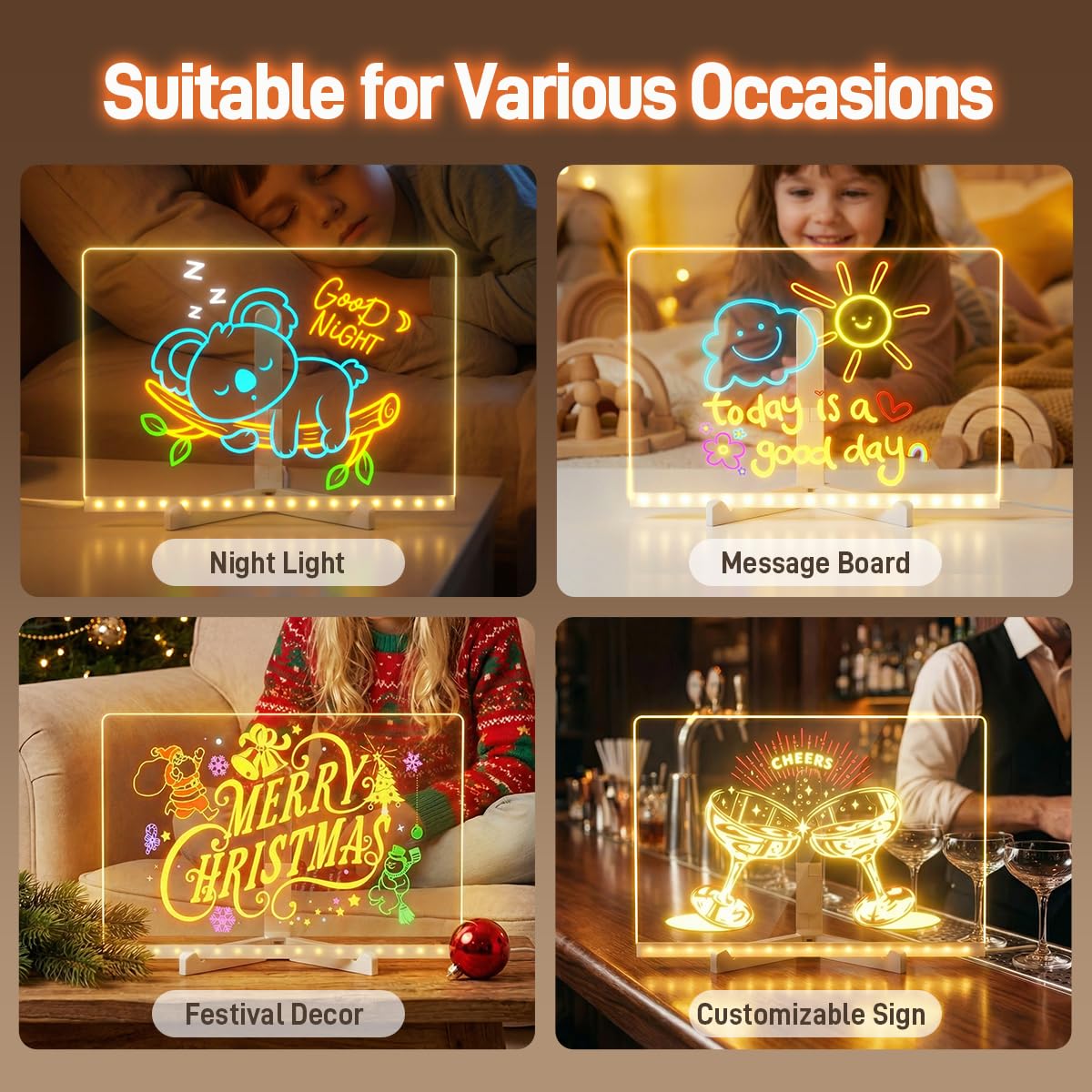 Conatu Acrylic LED Drawing Board for Kids, Acrylic Dry Erase Light-Up Drawing Board with Stand, Markers & Wipes, Erasable Reusable Board for Kids Learning, Ideal Gift for Birthday