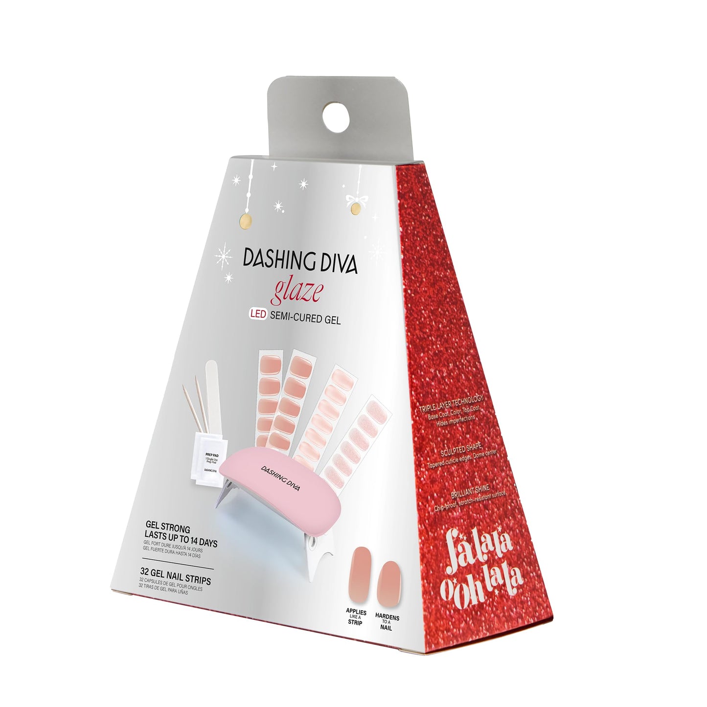 Dashing Diva Holiday Glaze Kit - Holiday Romance - Long Lasting, Chip Resistant, Semi-Cured Gel Nail Strips - 5-Piece Manicure Set with 32 Strips and Mini LED Lamp