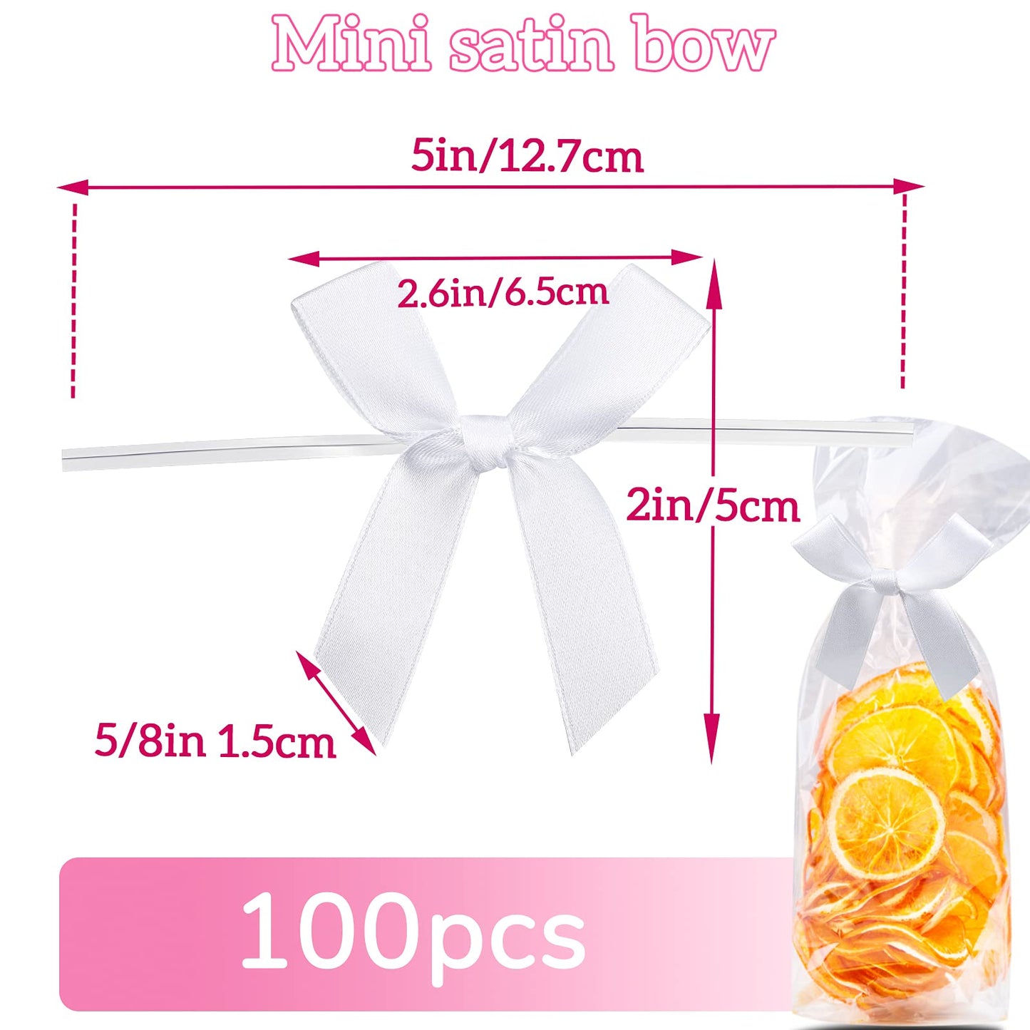 Gejoy 100 Pieces 2.6" Solid White Mini Twist Tie Bows for Gift Wrapping Pretied Satin Ribbon Bows Bags DIY Crafts for Wedding Birthday Graduation Party Favors Gift Candy Treat Cake Pop Decoration