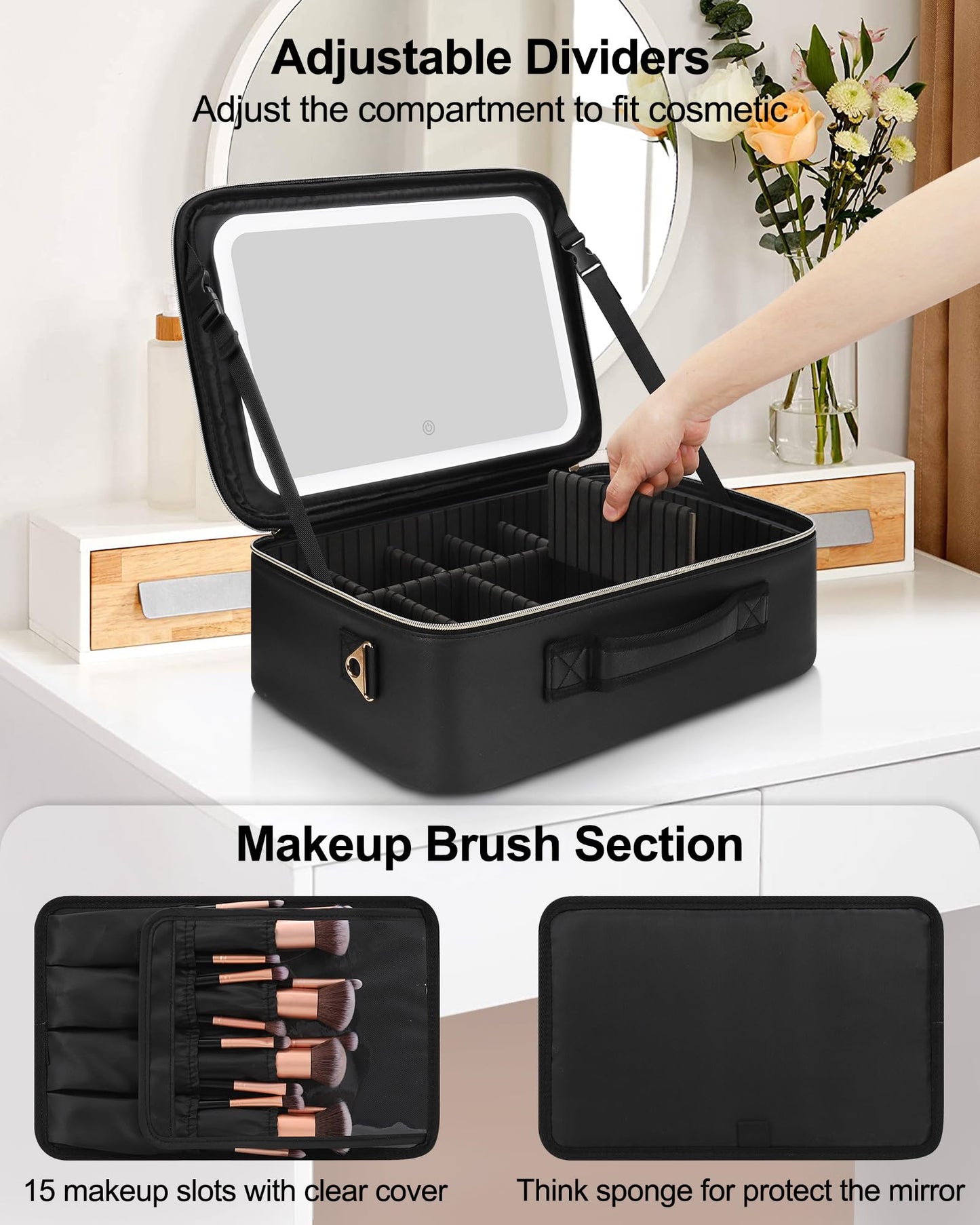 Relavel Travel Makeup Bag With LED Mirror, 16.2" Large Makeup Train Case, 3 Color Scenarios Adjustable Brightness, Waterproof Makeup Train Case Organizer with DIY Dividers for Makeup Artist, Black
