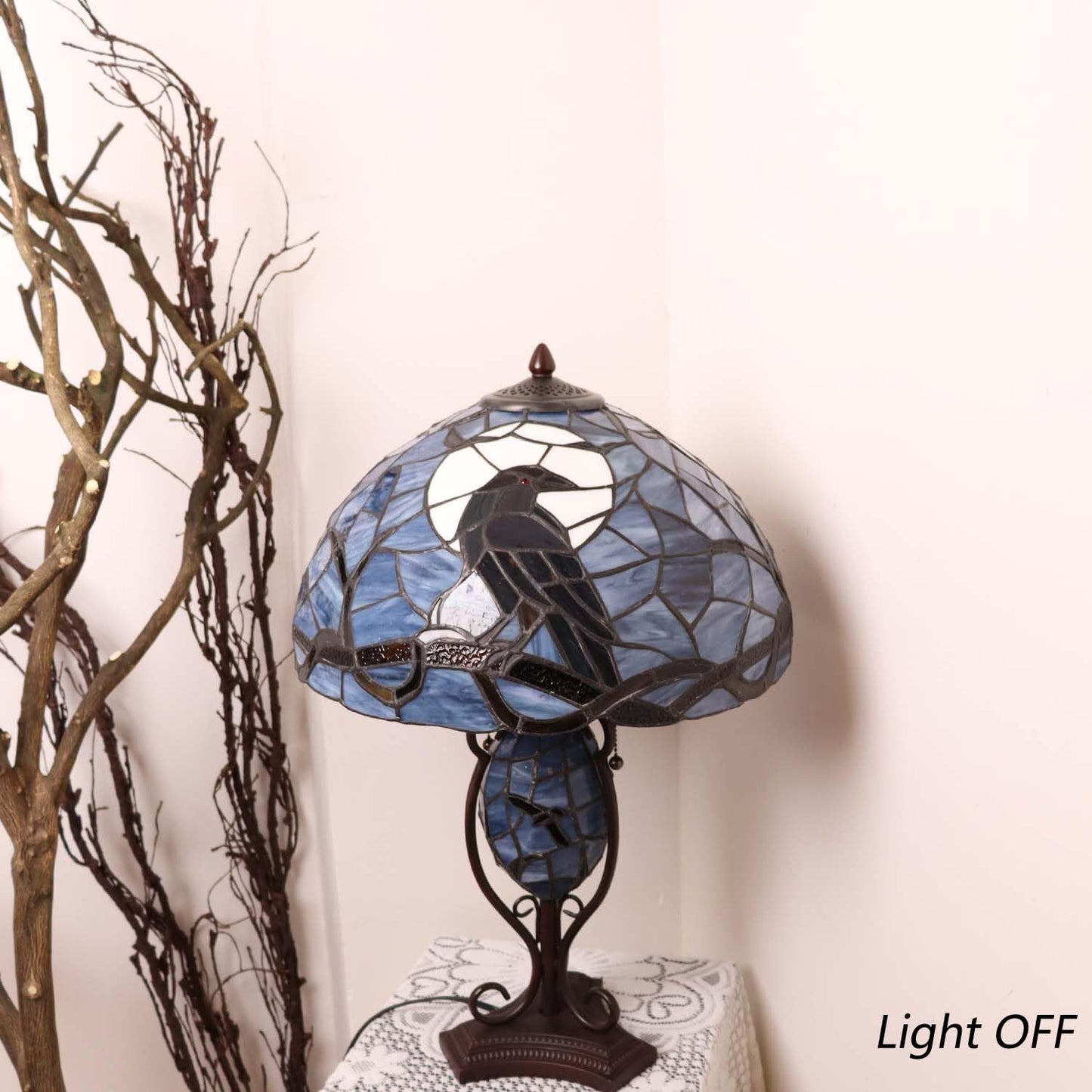 Bieye L10954 Raven Sitting on Bare Tree Branch in Full Moon Night Tiffany Style Stained Glass Table Lamp for Home Decor (Dark Blue, 16Wx24H)
