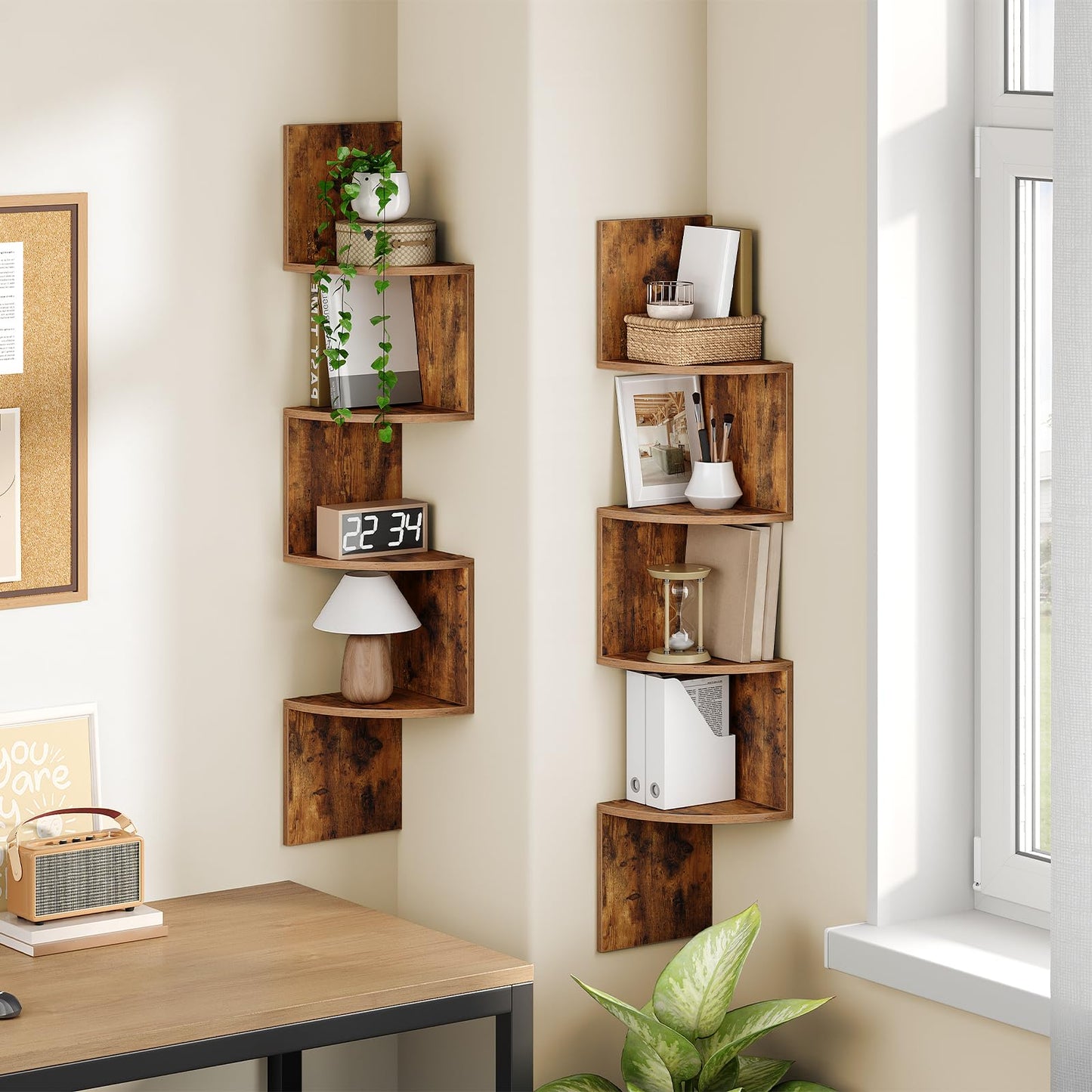 HOOBRO Corner Shelf Wall-Mounted, Set of 2 Floating Corner Shelves for Wall and Small Round Side Table Bundle, BF25BJP201-WN219UBZ01
