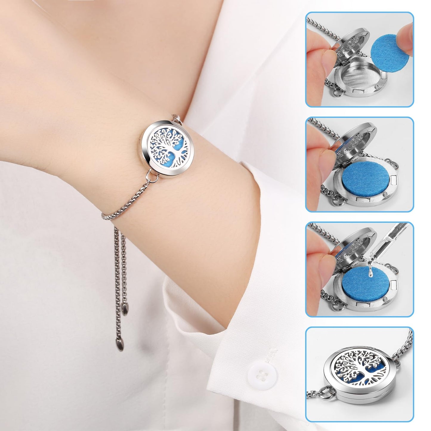 Aromatherapy Essential Oil Diffuser Bracelet, Tree of Life Pattern Locket Adjustable Link for Women Birthday Jewelry Gifts Trendy for Wife Mothers (Gold)