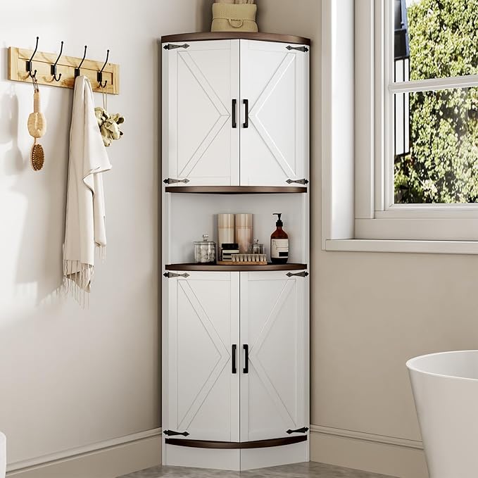 64.8" Farmhouse Corner Cabinet, Dining Room Tall Corner Cabinet with 4 Barn Doors and 5 Storage Shelves, Bar Storage Cabinets for Kitchen, Living Rooms, Laundry Room White