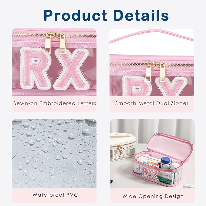 Clear PVC Letter Patch MEDS RX Makeup Bag with Metal Zipper,Large Capacity Nylon Transparent Medicine Bag with Top Handle,First Aid Travel Organizer Cosmetic Bag(04 Pink RX)