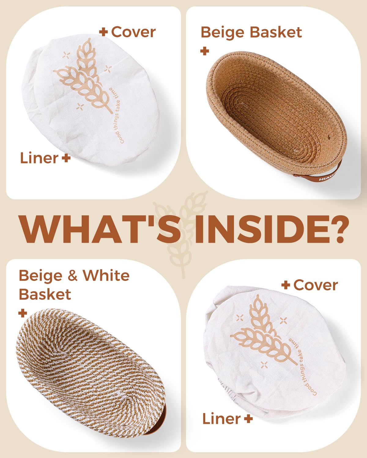 HIAWEMADE Banneton Bread Proofing Basket, Natural Cotton Rope Bread Baskets with Reusable Liners & Dust Covers, Artisan Sourdough Bread Baking Supplies, 2pcs - 10" Oval