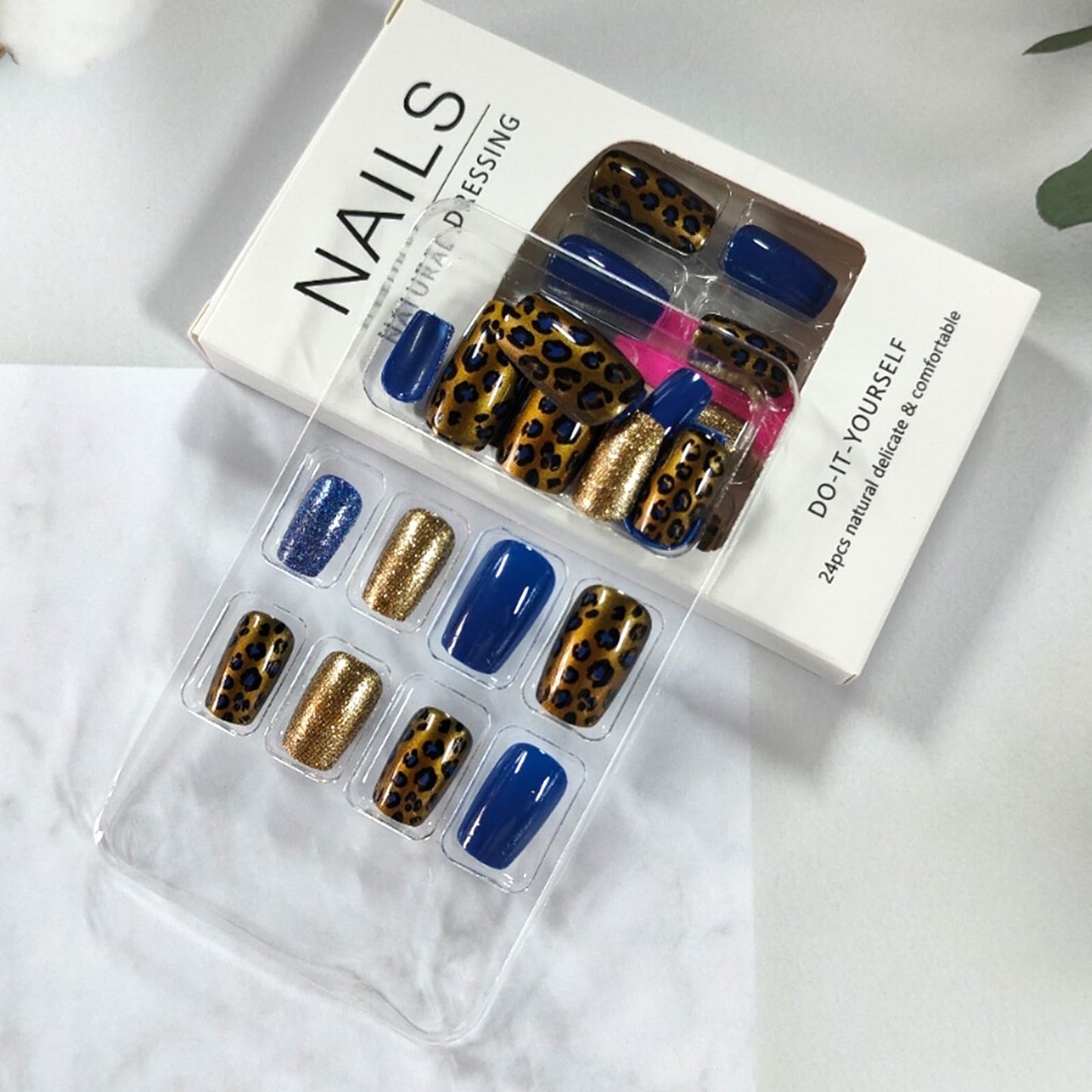 Medium Press on Nails Square Fake Nails with Blue Leopard Print Designs Glossy Acrylic Nail Tips Gold Glitter False Nails Glue on Nails Reusable Full Cover Stick on Nail for Women 24Pcs