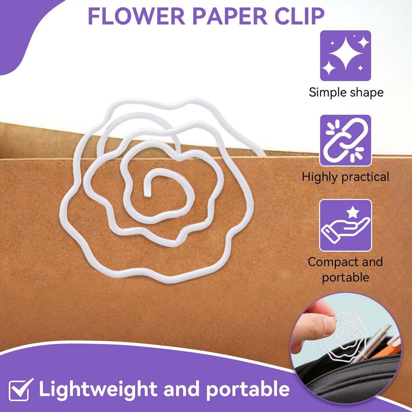 Flower Shaped Paper Clips, 100PCS Floral Paper Clips White Rose Shape Paperclips Decorative Paperclips Bookmarks with Box for Office Home School Supplies