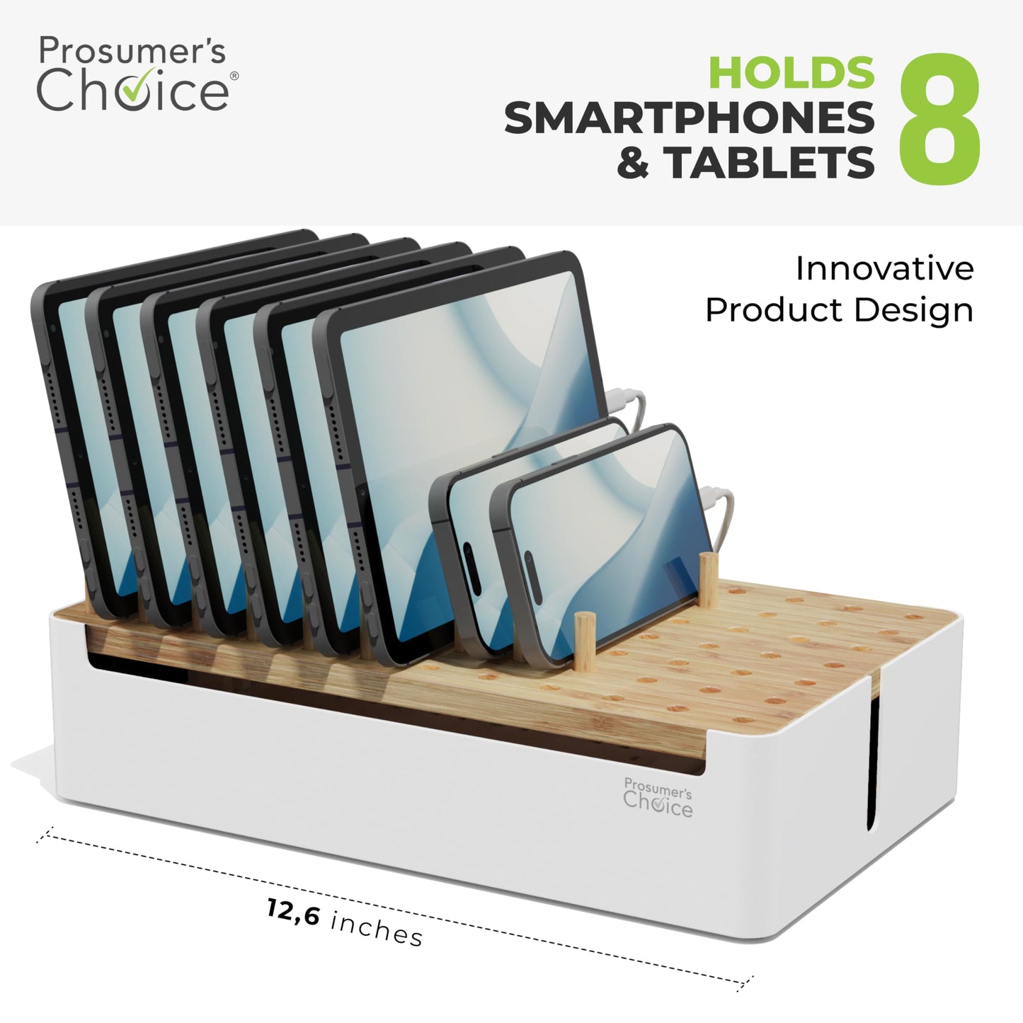 Prosumers Choice Bamboo Charging Station for Multiple Devices - Wooden Charger Organizer with Removable Dividers for Phones, Tablets, and Laptops - 11 Inch Cable Organizer Box - Space-Saving Desk Dock