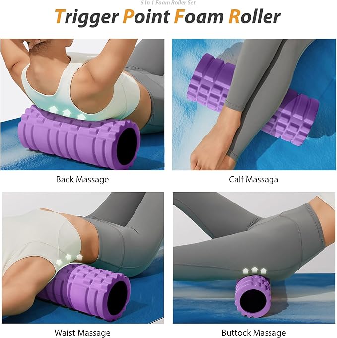 5 in1 Foam Roller Set, Trigger Point Foam Roller, Massage Roller Stick, Massage Ball, Resistance Band for Deep Muscle Massage Pilates Yoga,Fitness Exercise for Whole Body (Purple)